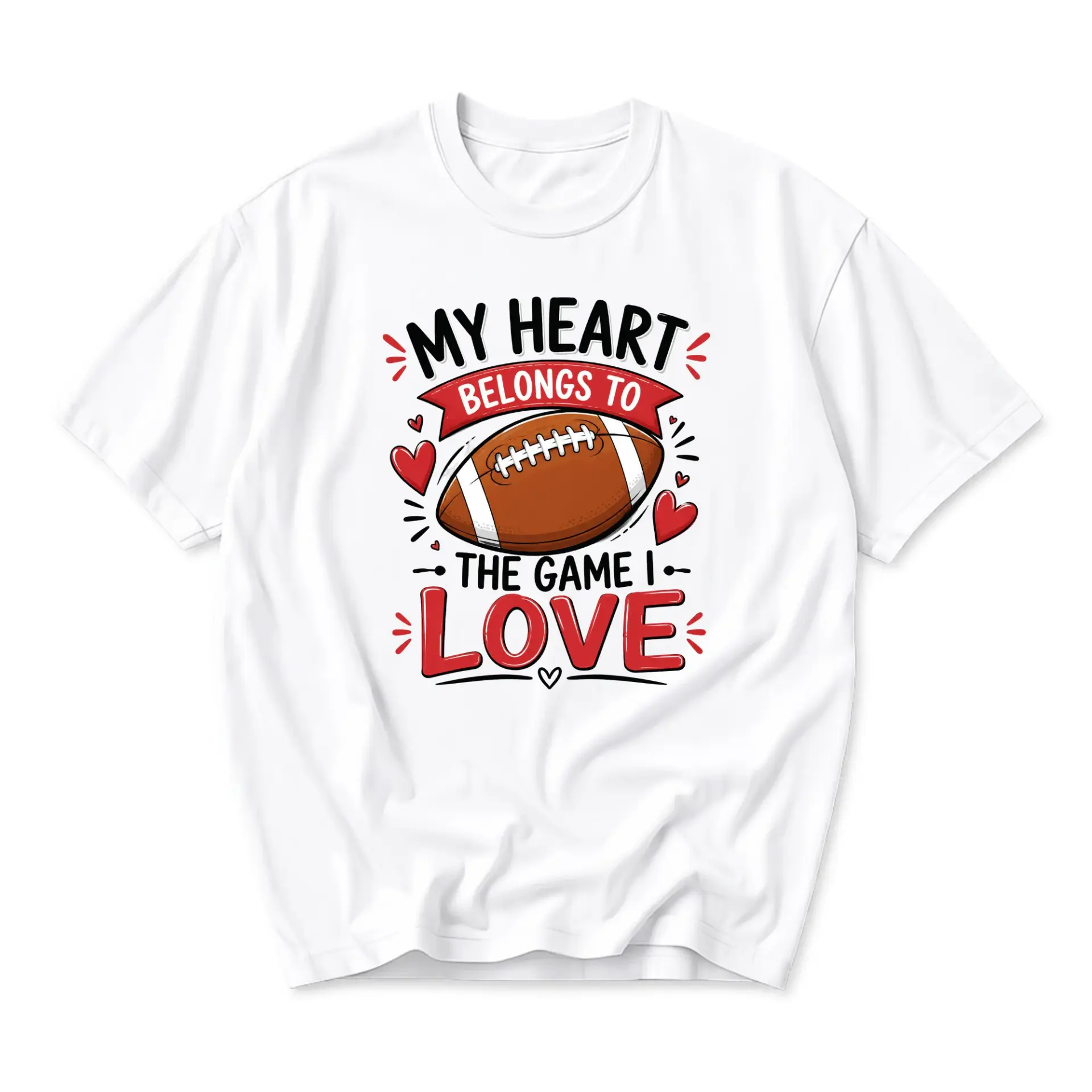 Funny Shirt My Heart Belongs to the Game I Love Football Graphic Tee Unisex Crew Neck Casual Cotton Blend Apparel