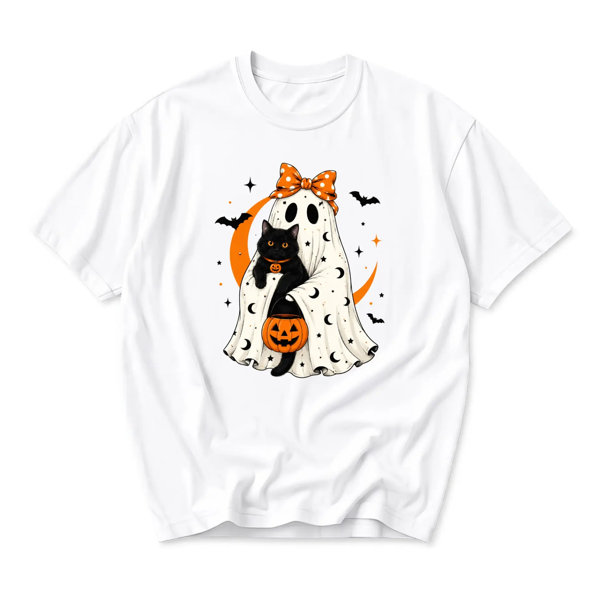 Graphic Tee Unisex Ghost with Black Cat Shirt Cute Halloween Autumn Apparel Crew Neck Cotton Casual Short Sleeve Top