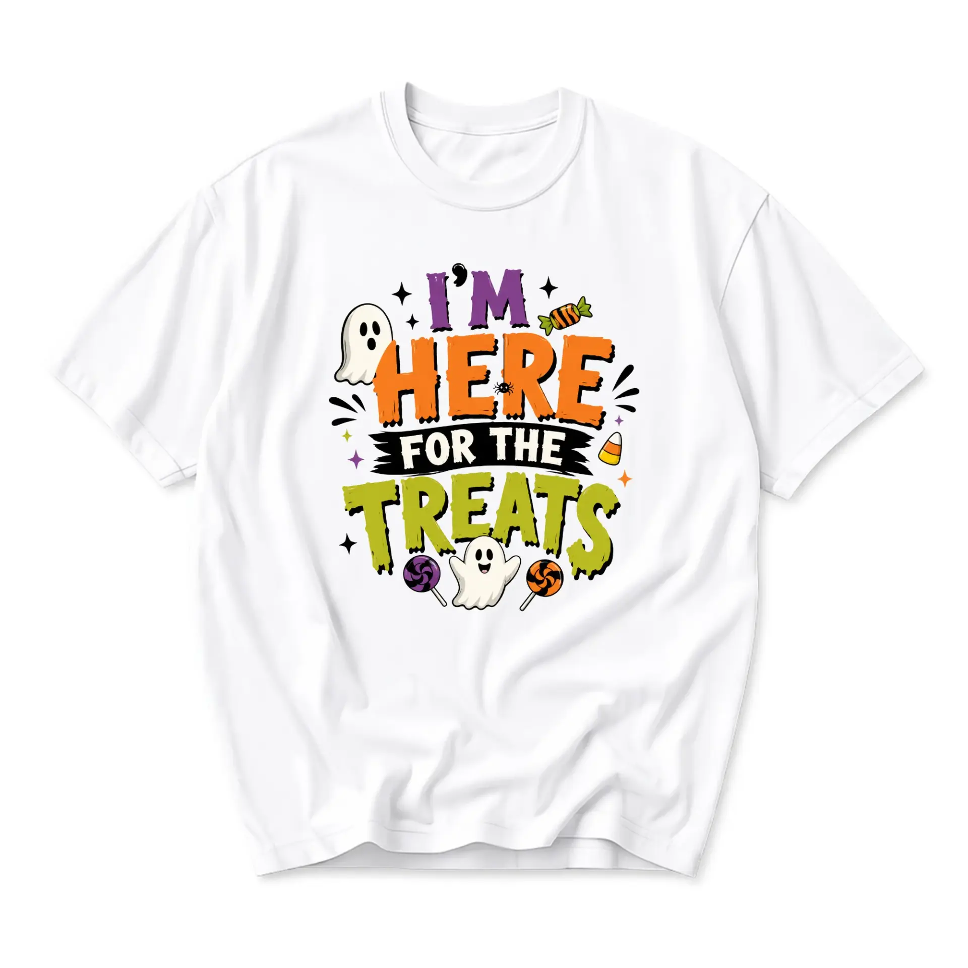 Graphic Tee I Am Here for the Treats Spooky Halloween Holiday Celebration Shirt Unisex Casual Everyday Crew Neck Top