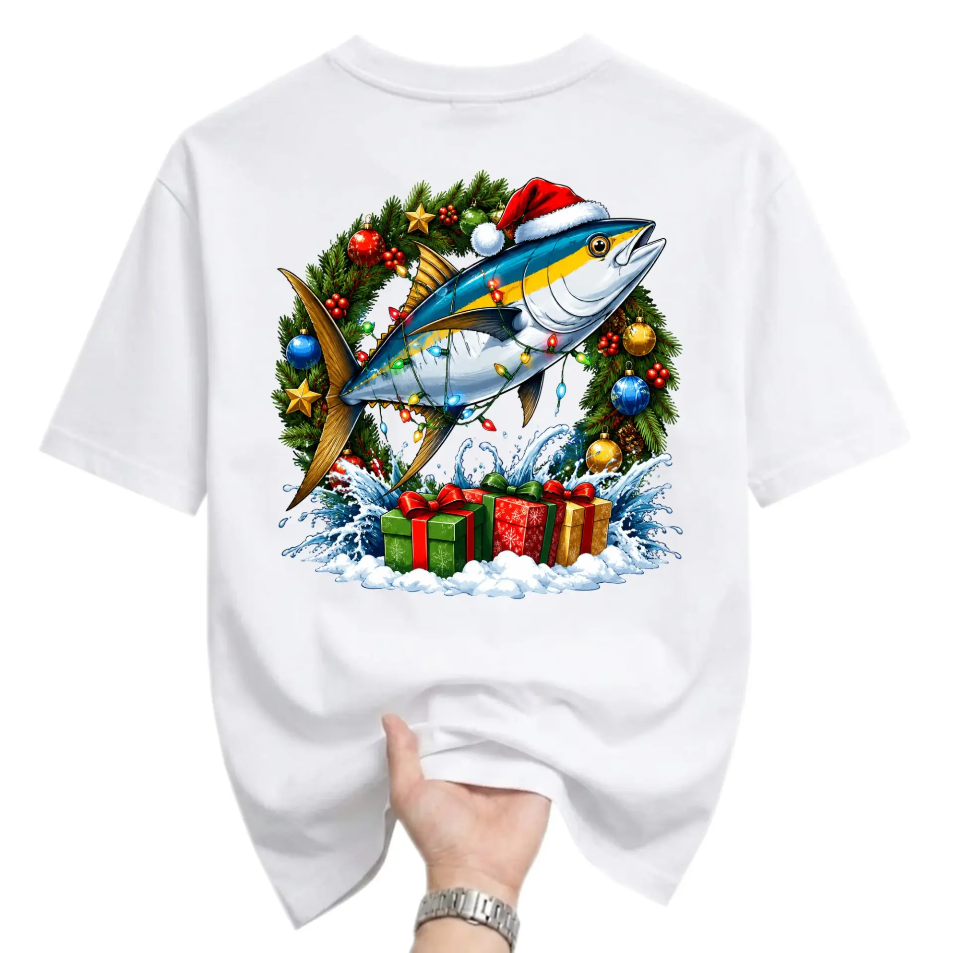 Funny Shirt Christmas Graphic Tee Holiday Fish Lover Gift Unisex Crew Neck Casual Cotton Blend Short Sleeve