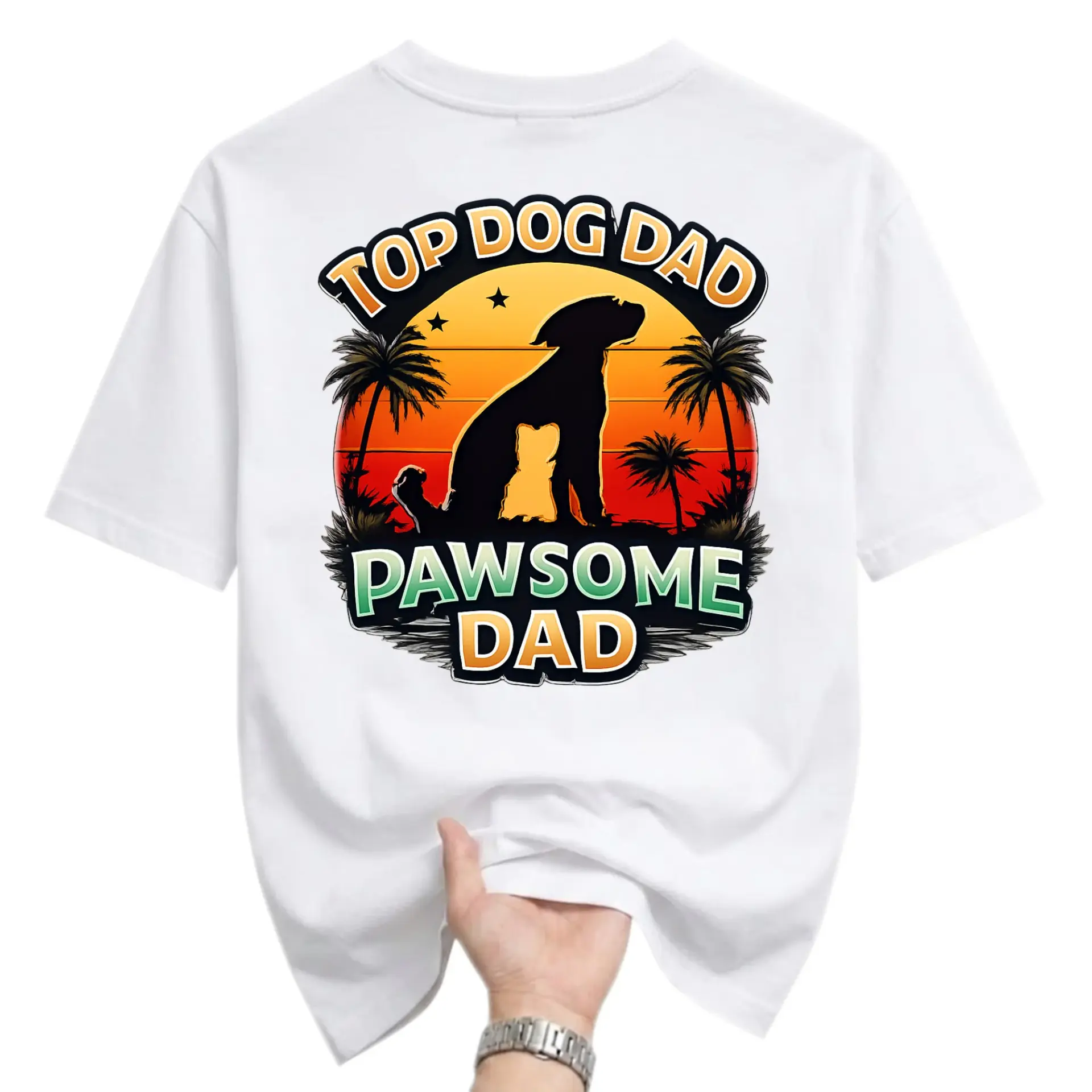 Funny Shirt Top Dog Dad Graphic Tee Pawsome Tropical Sunset Illustration