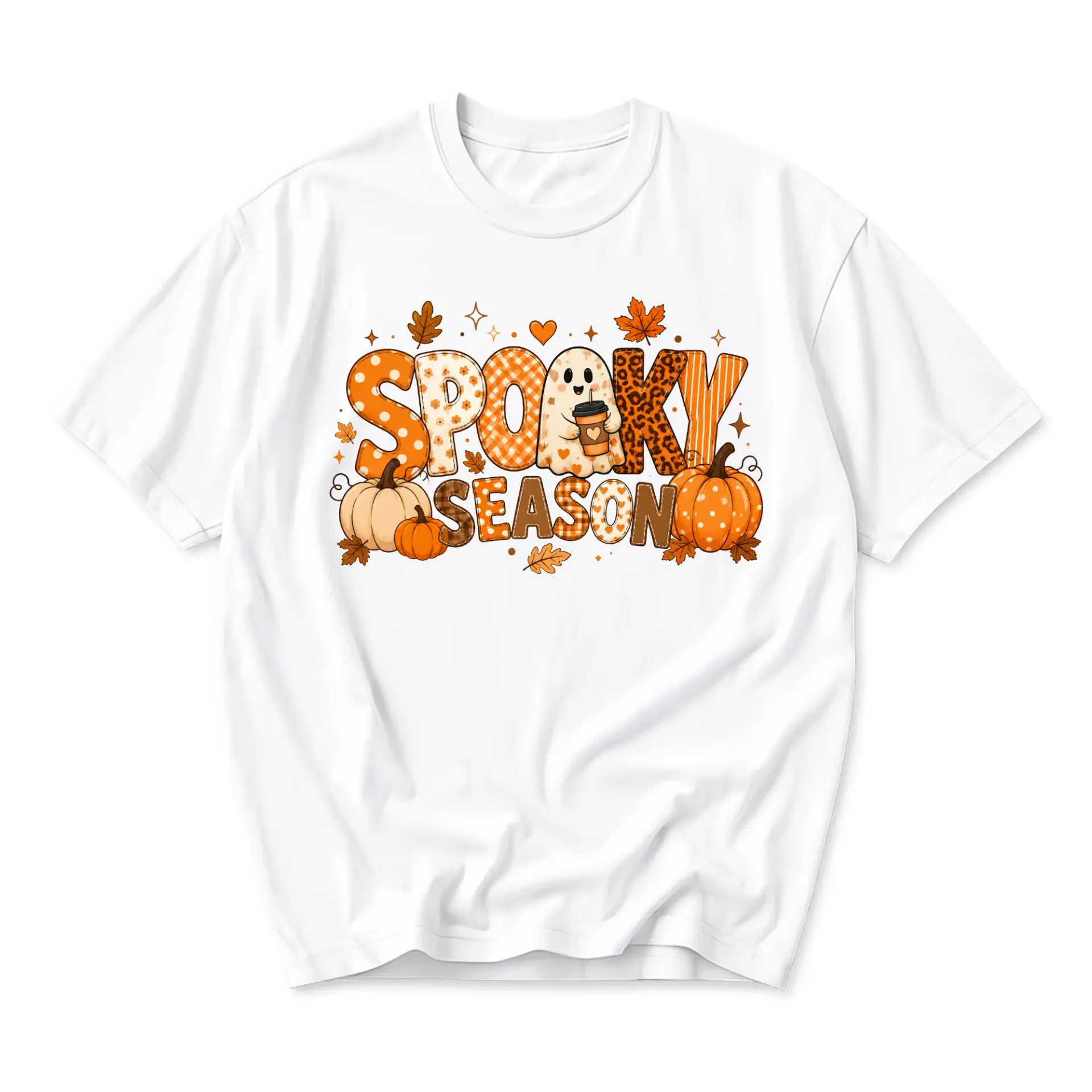 Graphic Tee Spooky Season Fall Shirt Unisex Autumn Pumpkin Ghost Crew Neck Short Sleeve Casual Cotton Blend Top