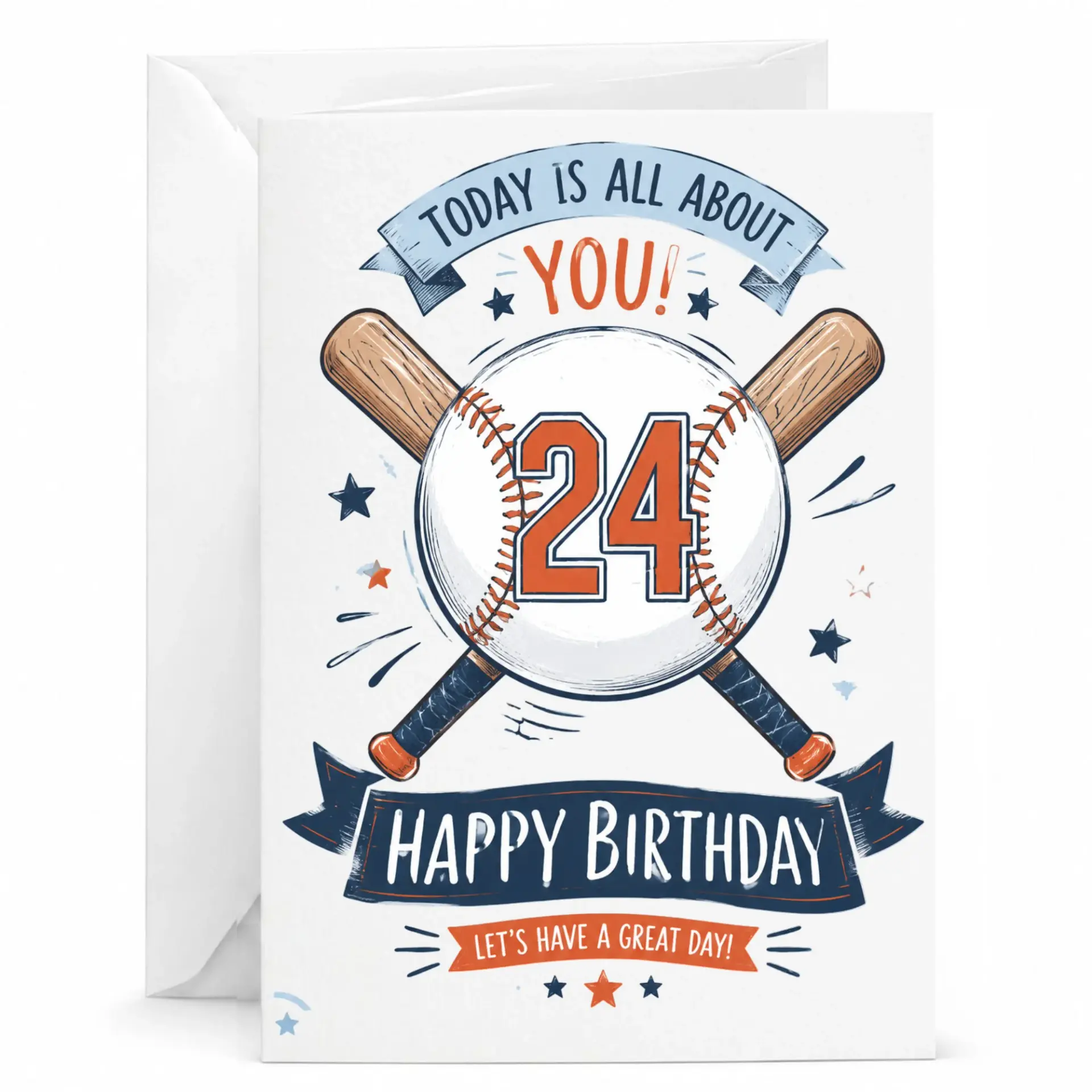 Birthday Card for 24th Anniversary Sports Theme Greeting Card with Baseball and Bat Illustration and White Envelope
