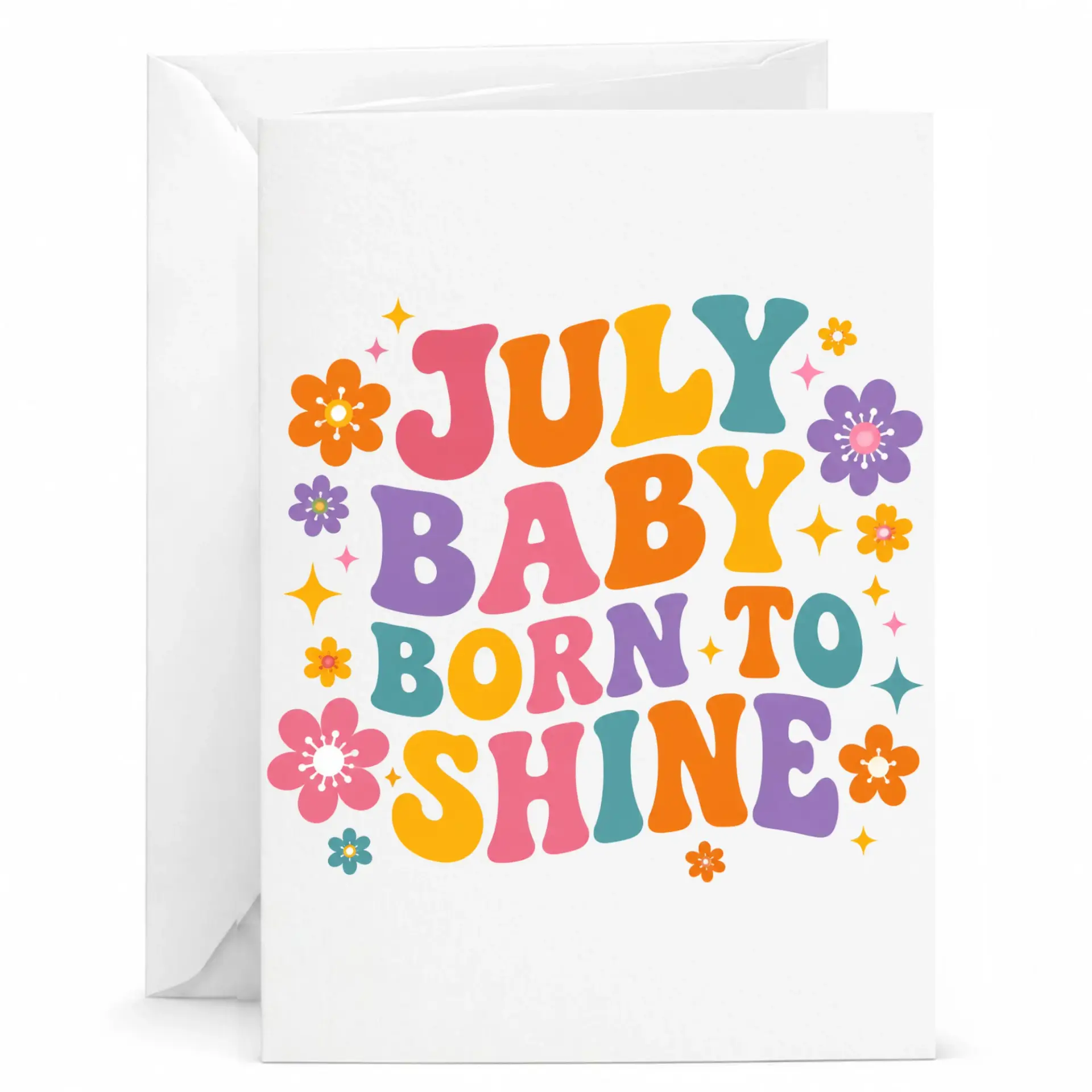 Birthday Card July Baby Born Retro Floral Greeting for Mid Summer Celebrations 5x7 Inches with Envelope