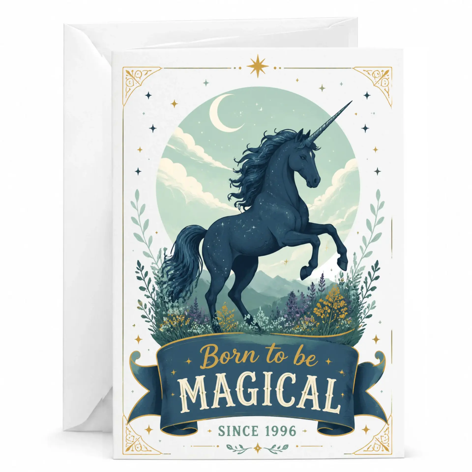 Greeting Card Born to Be Magical Since 1996 Celestial Unicorn Illustration Birthday Anniversary Encouragement Card