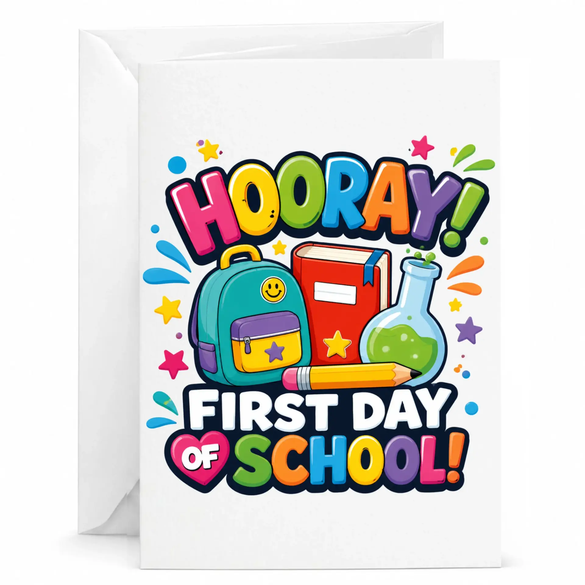 Greeting Card First Day of School Academic Stationery with Bright Educational Supplies Illustration