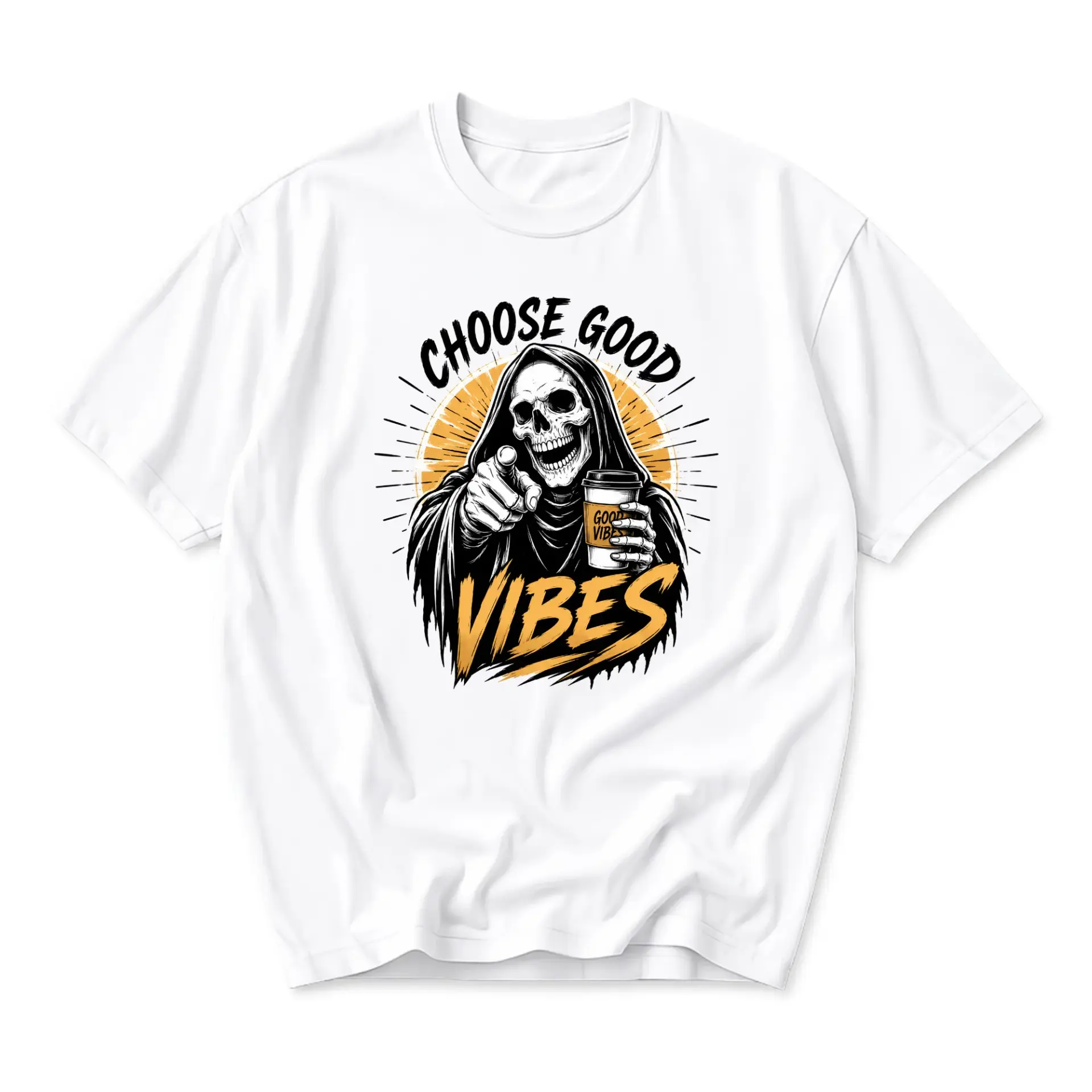 Graphic Tee Choose Good Vibes Skeleton Pointing Coffee Unisex Crew Neck Casual Everyday Short Sleeve T-Shirt White