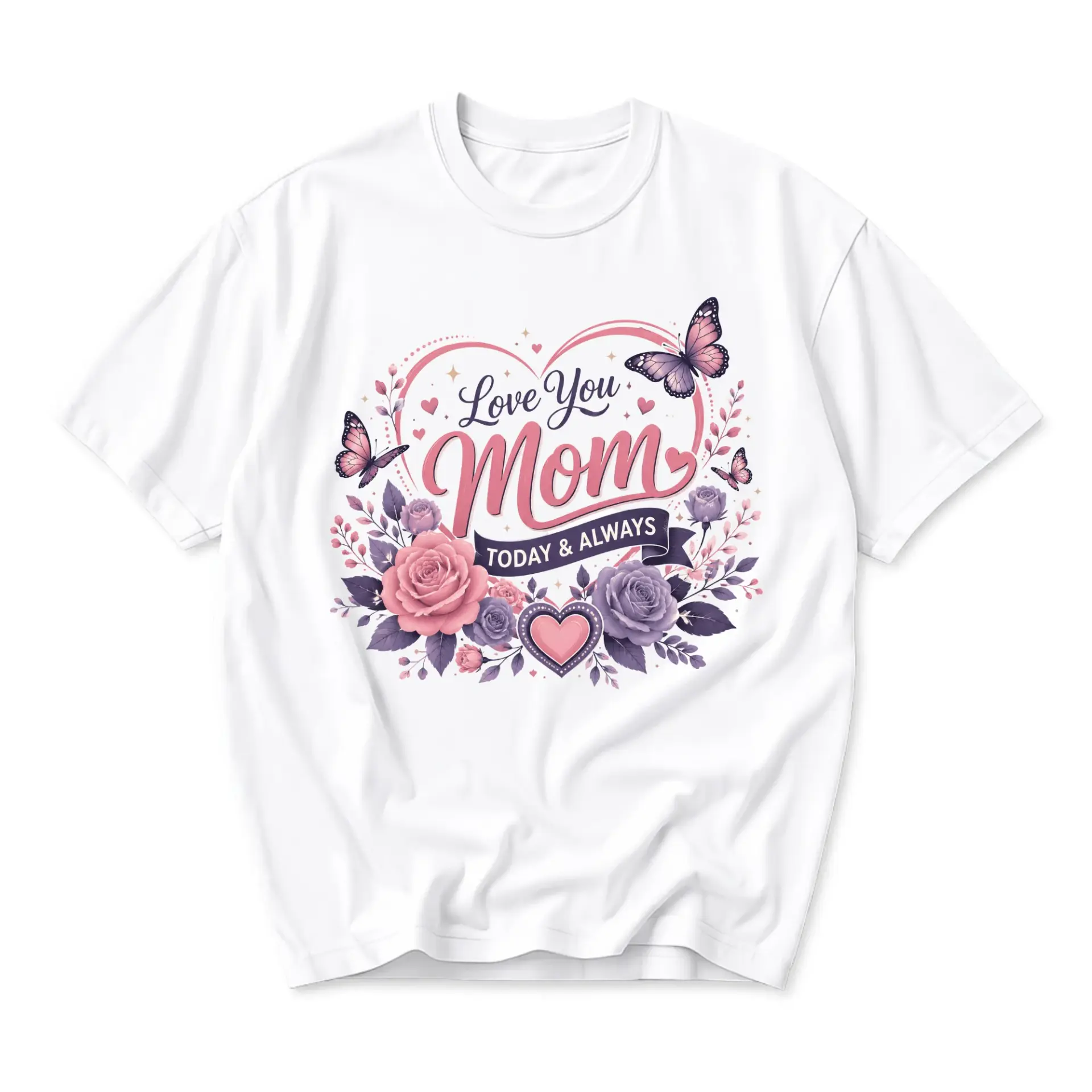 Graphic Tee Love You Mom Floral Butterfly Design Unisex Crew Neck Soft Cotton Blend Casual Short Sleeve Everyday Shirt