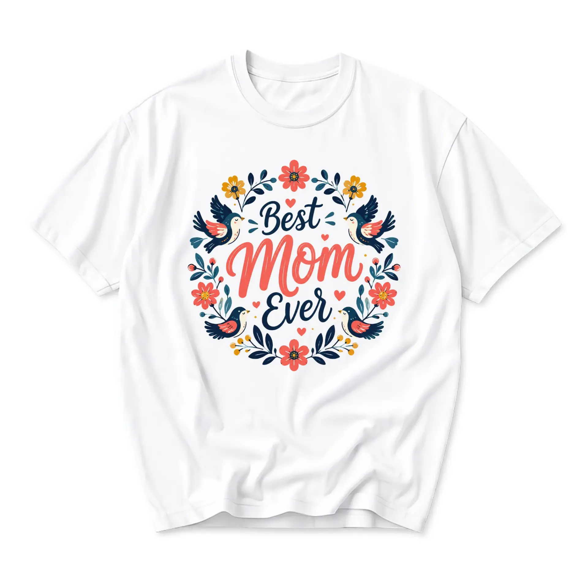 T-shirt Best Mom Ever Floral Bird Graphic Print Casual Unisex Crew Neck Top for Everyday Wear and Gift Giving Occasions