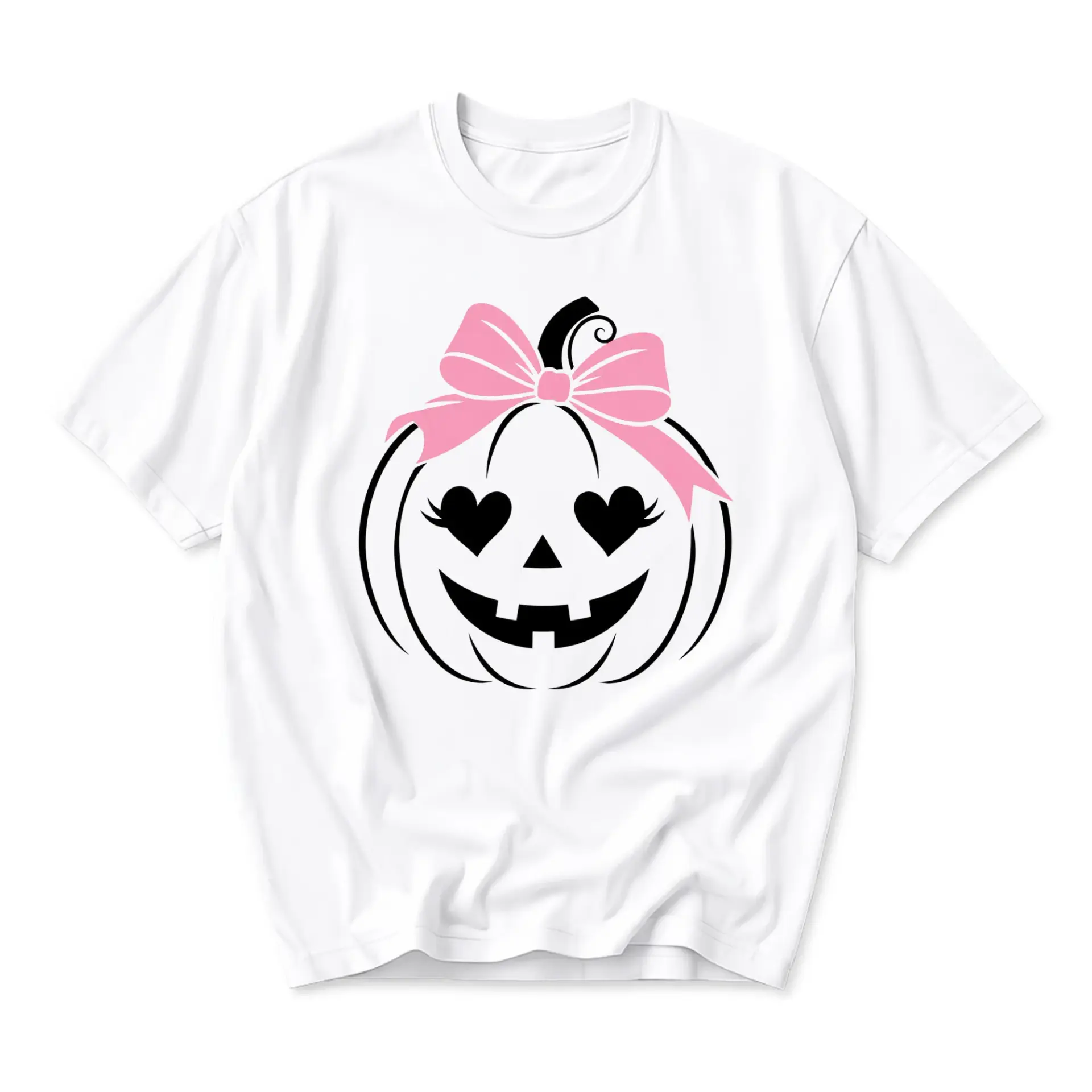 Graphic Tee Pumpkin with Pink Bow and Heart Eyes Design Seasonal Casual Unisex Cotton Crew Neck Short Sleeve Top