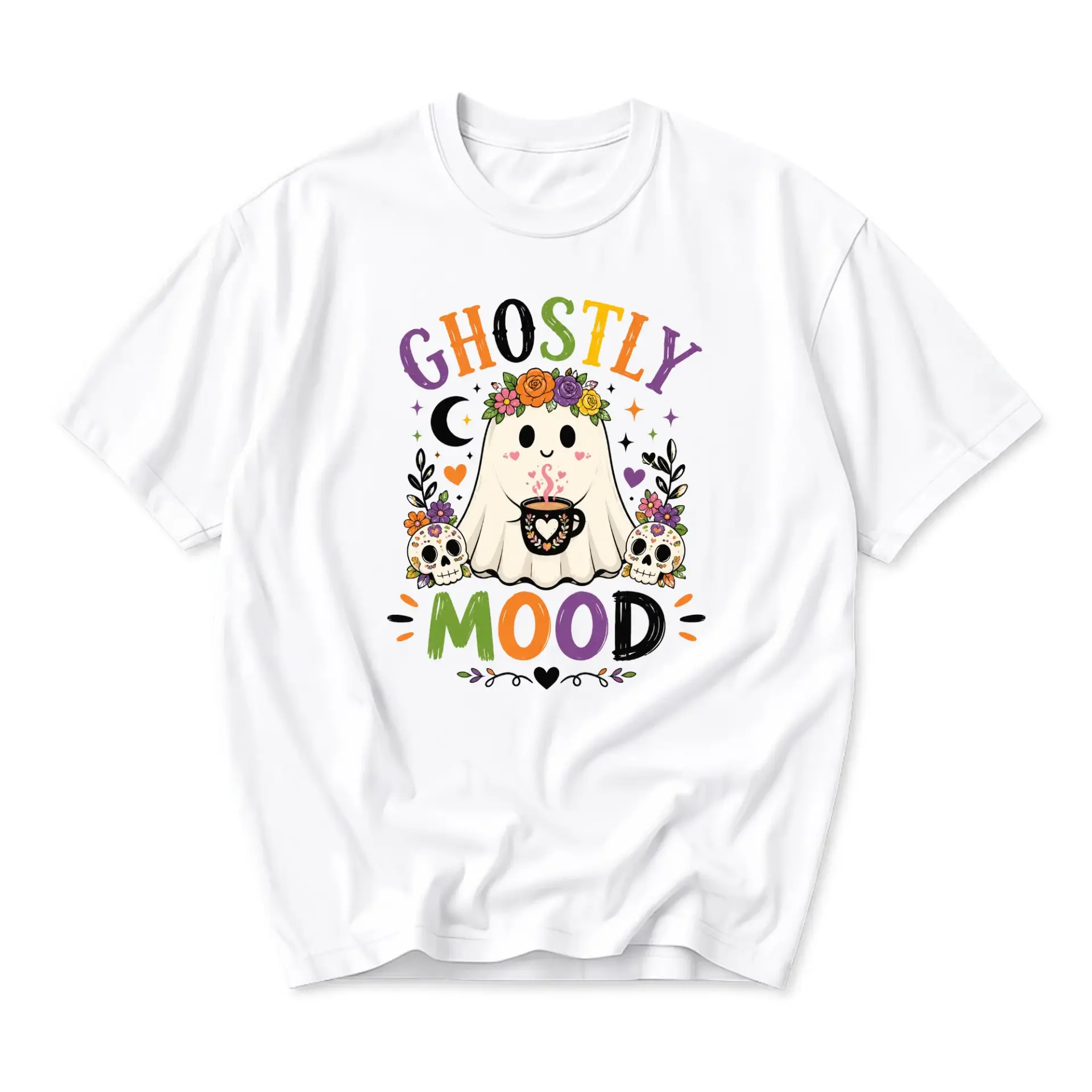 Graphic Tee Ghostly Mood Floral Ghost Drinking Coffee Skeleton Illustration Unisex Crew Neck Short Sleeve Shirt