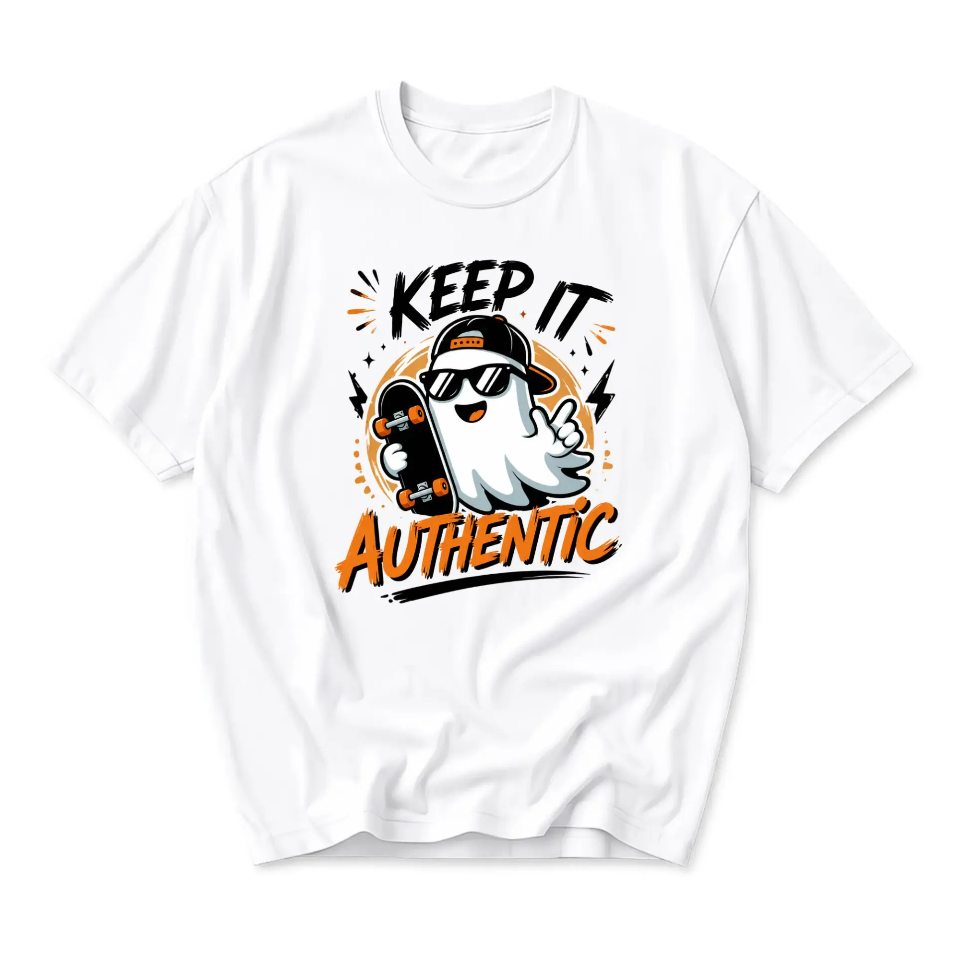 Graphic Tee Keep It Authentic Skater Ghost Design Unisex Crew Neck Soft Cotton Blend Casual Everyday Short Sleeve