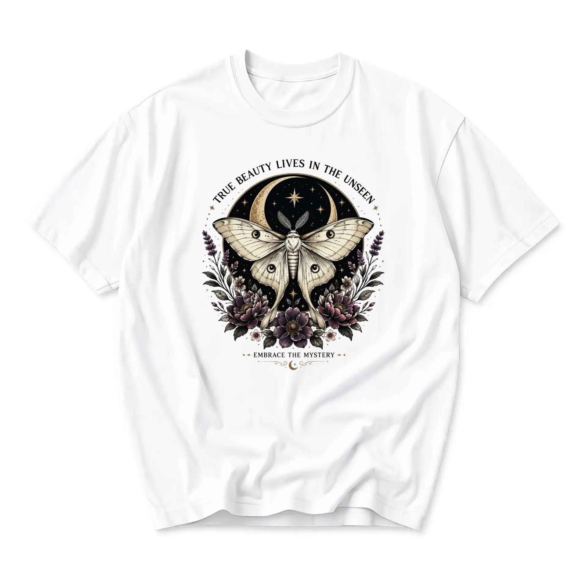 Graphic Tee True Beauty Lives in the Unseen Moth Celestial Moon Floral Design Unisex Casual Crew Neck T-Shirt