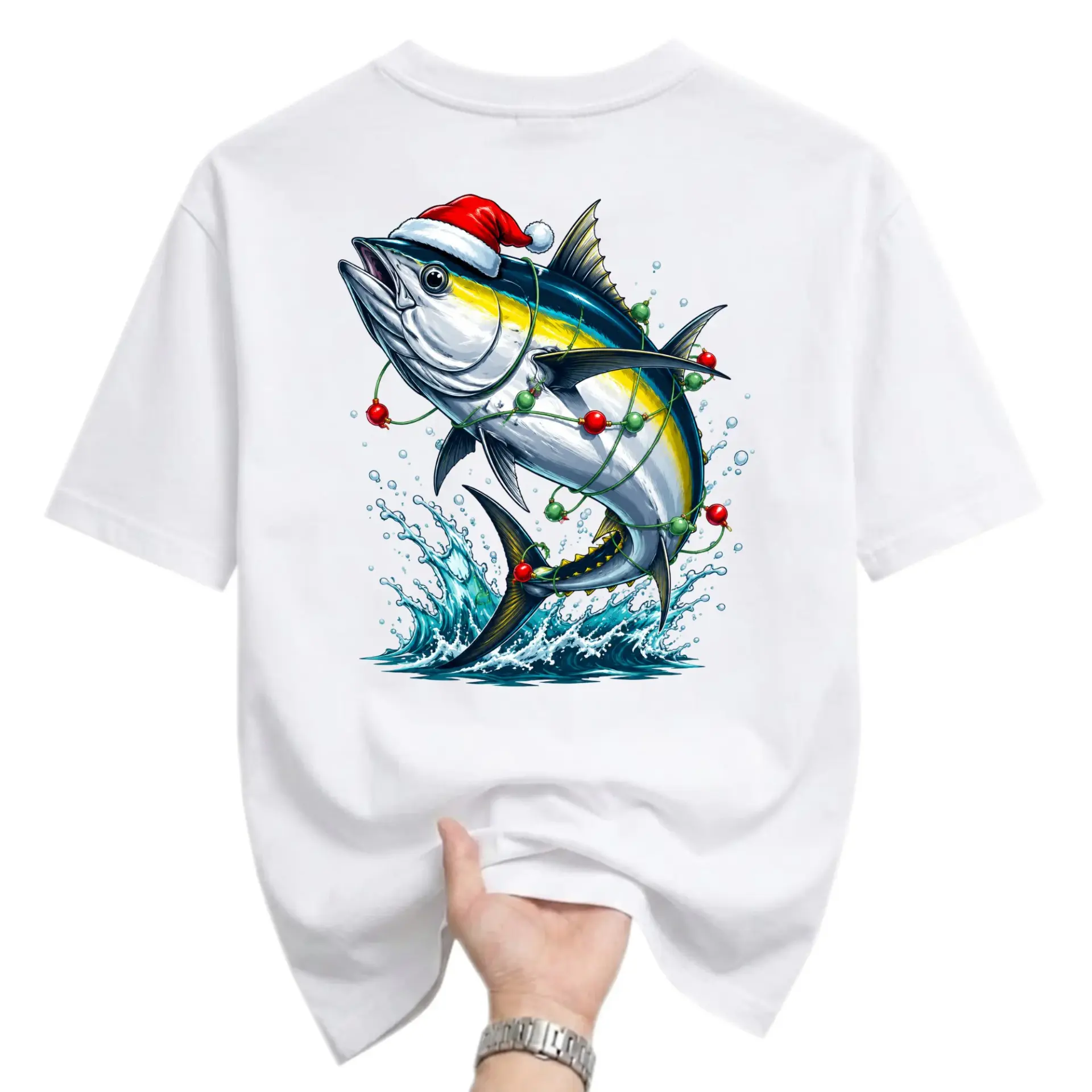 Graphic Tee Unisex Christmas Fish Shirt Holiday Fishing Apparel Seasonal Casual Short Sleeve Cotton Blend Top