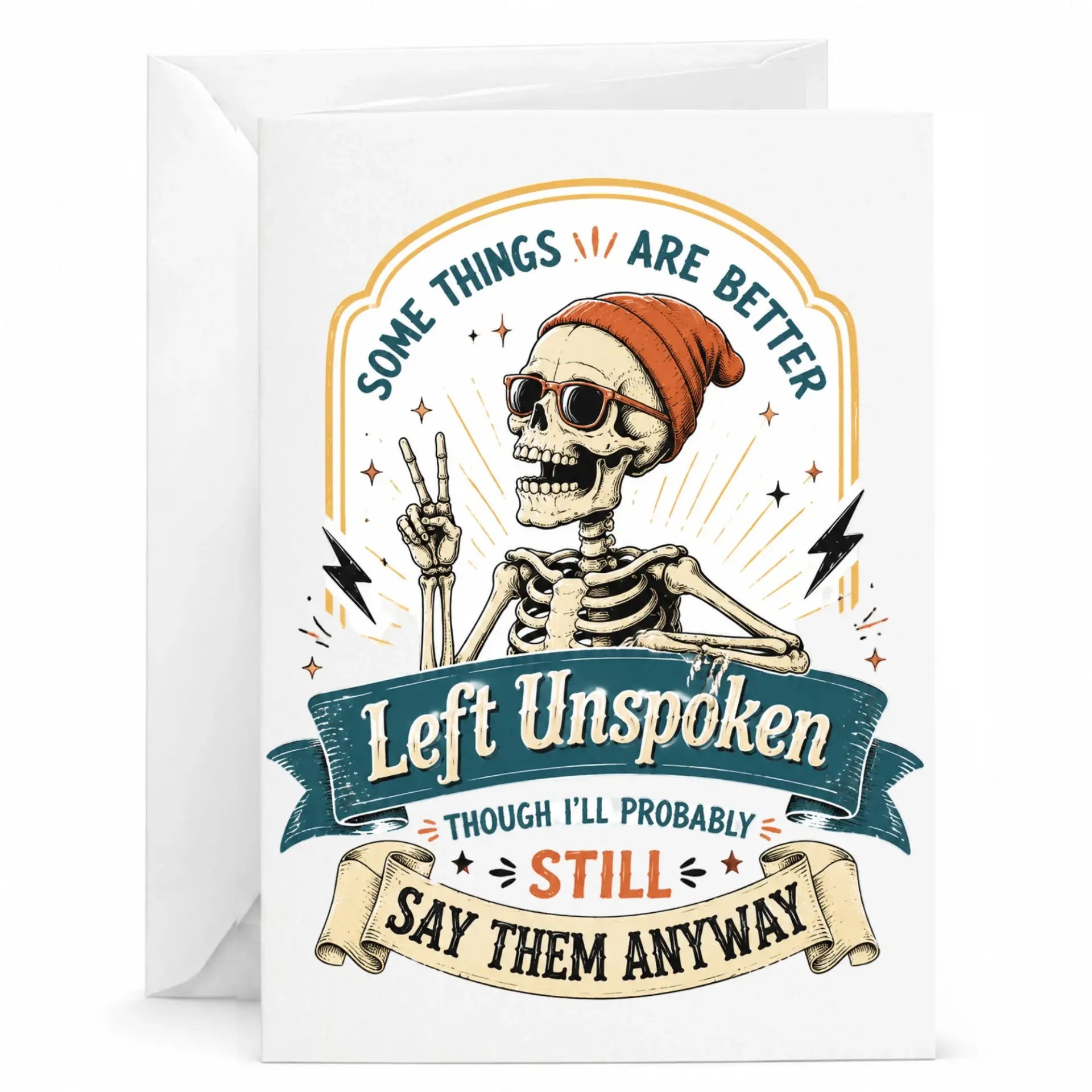 Funny Skeleton Greeting Card Sarcastic Skull Graphic Stationery with Orange Beanie for Any Occasion