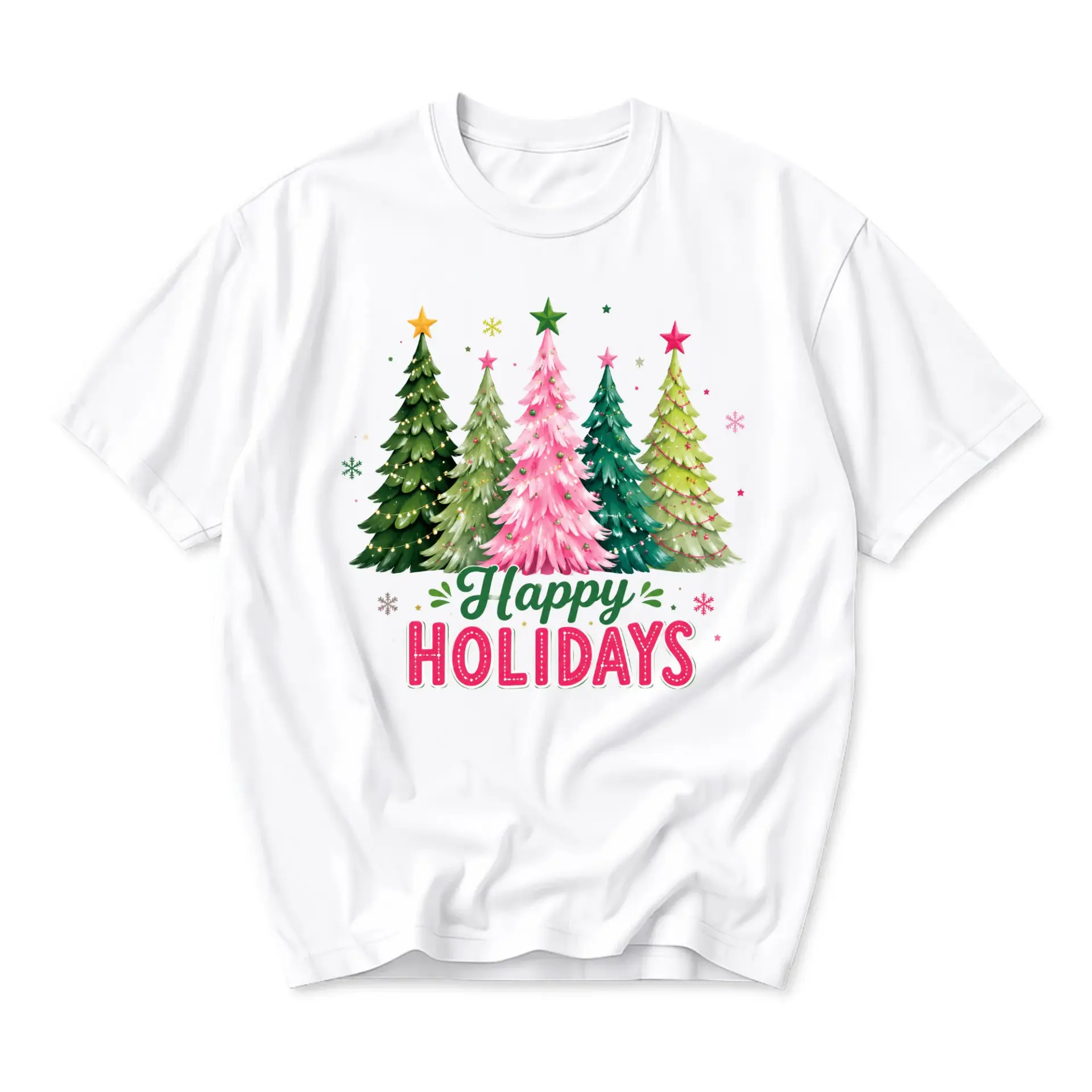 Graphic Tee Happy Holidays Colorful Christmas Trees Print Unisex Crew Neck Casual Everyday Short Sleeve Shirt