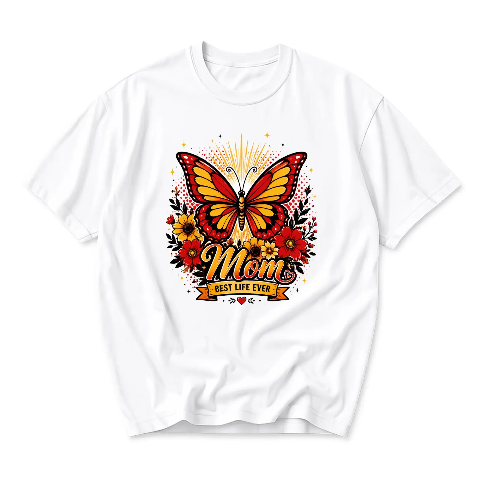 Graphic Tee Mom Best Life Ever Butterfly and Flower Design Unisex Crew Neck Short Sleeve Casual Cotton T-Shirt
