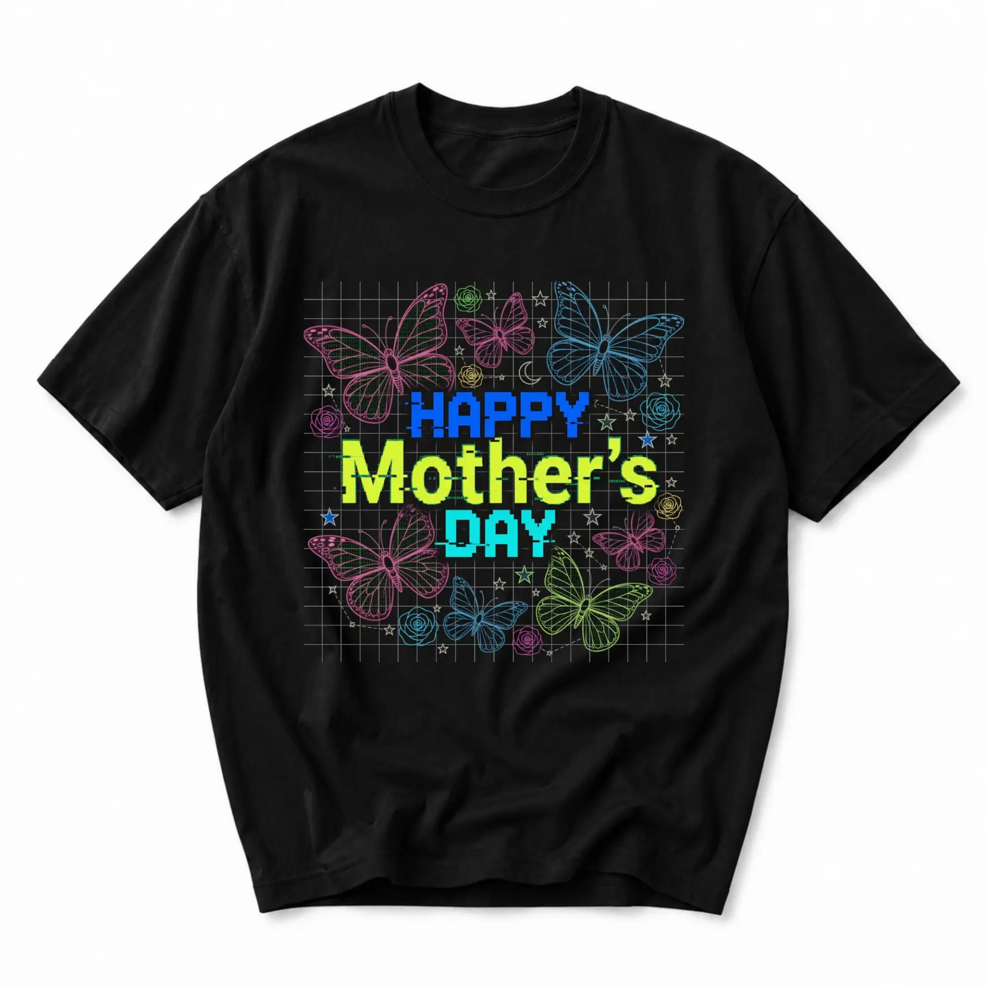 T-shirt Happy Mother's Day Graphic Tee Butterfly Print Casual Top for Everyday Wear Unisex Crew Neck Black Shirt