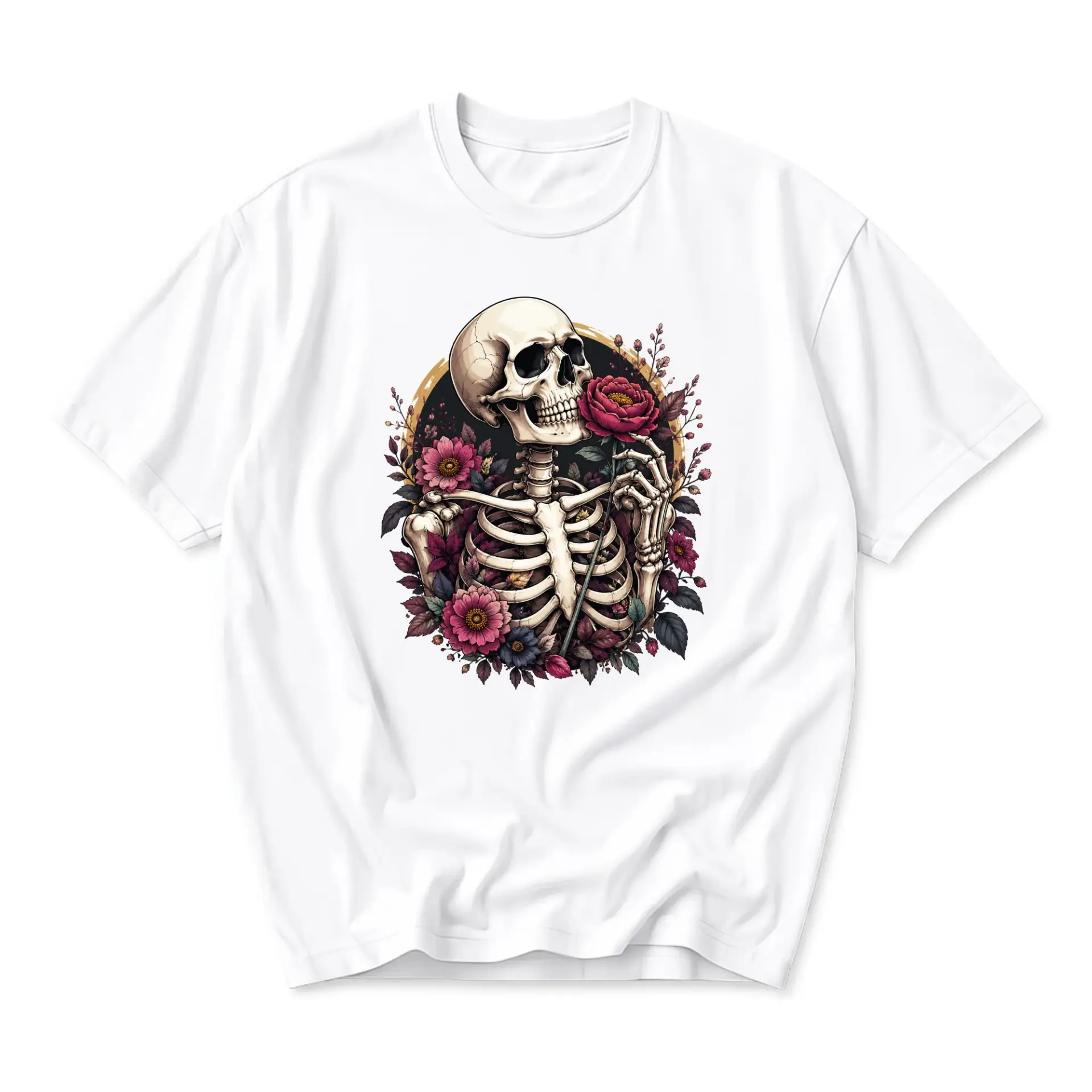 Graphic Tee Unisex Crew Neck T-Shirt Featuring Detailed Skull Holding Red Rose Floral Artistic Illustration Design