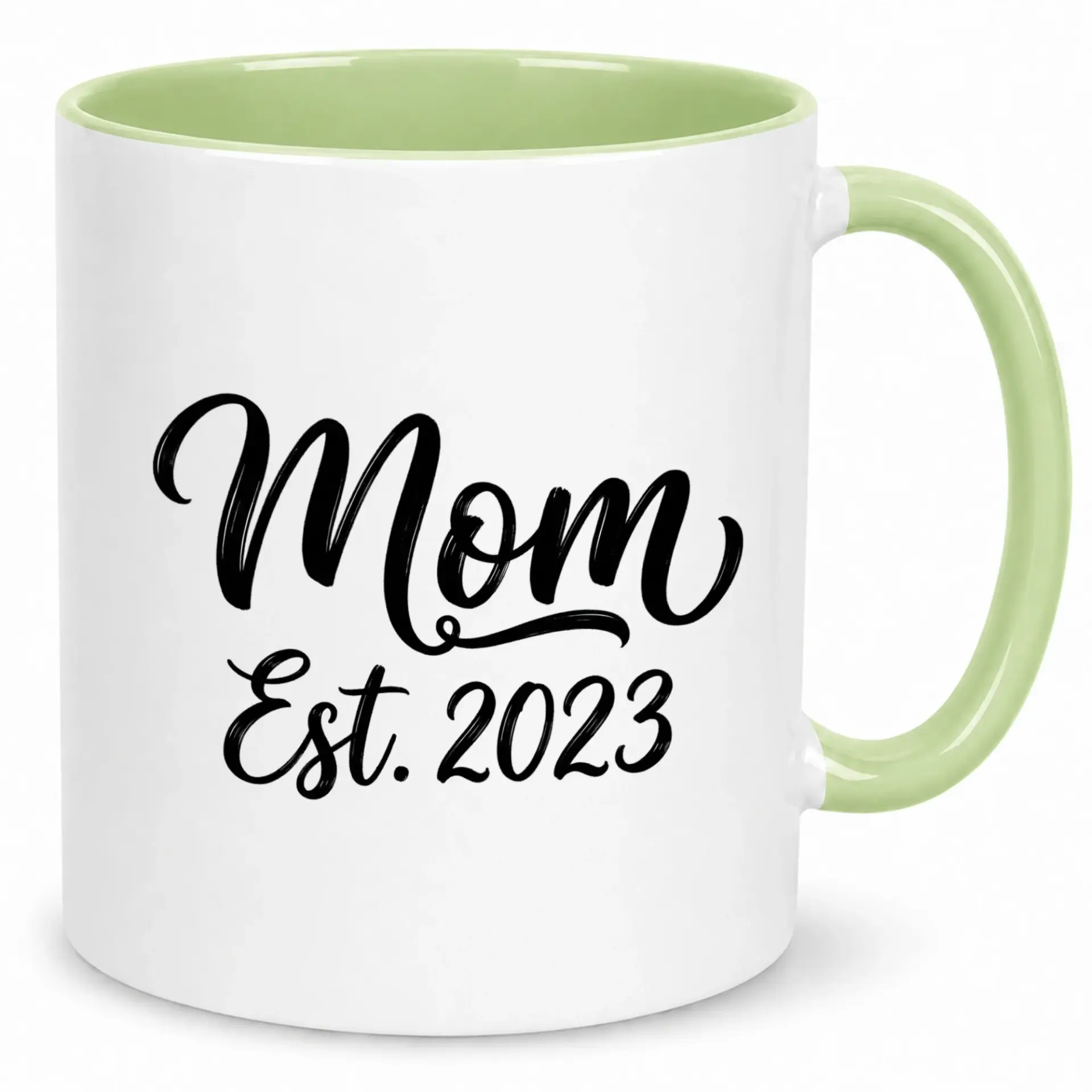 New Mom Est. 2023 Ceramic Coffee Mug with Green Handle and Interior Perfect Gift for Expecting First Time Parents Unique Drinkware