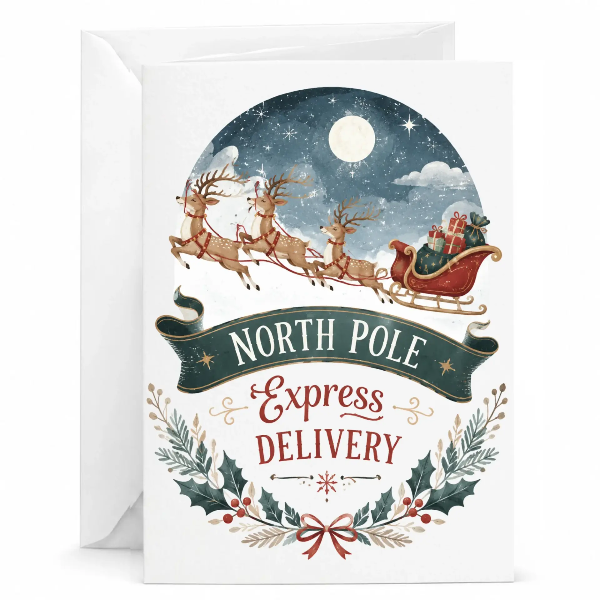 Holiday Greeting Card North Pole Express Delivery with Reindeer Sleigh and Festive Wreath Watercolor Design