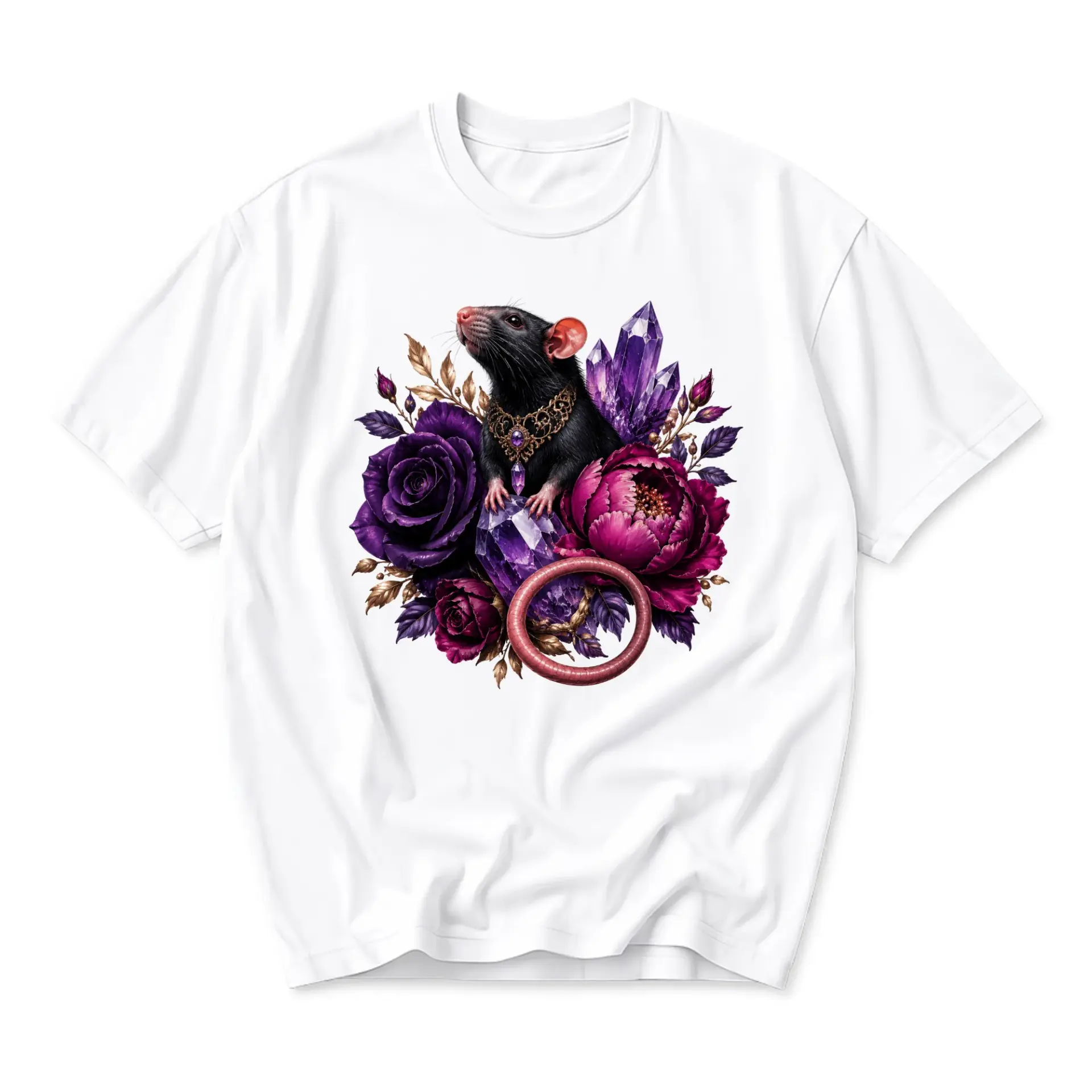 Graphic Tee Unisex Black Rat with Purple Crystal and Floral Illustration Printed Casual Crew Neck Cotton Apparel