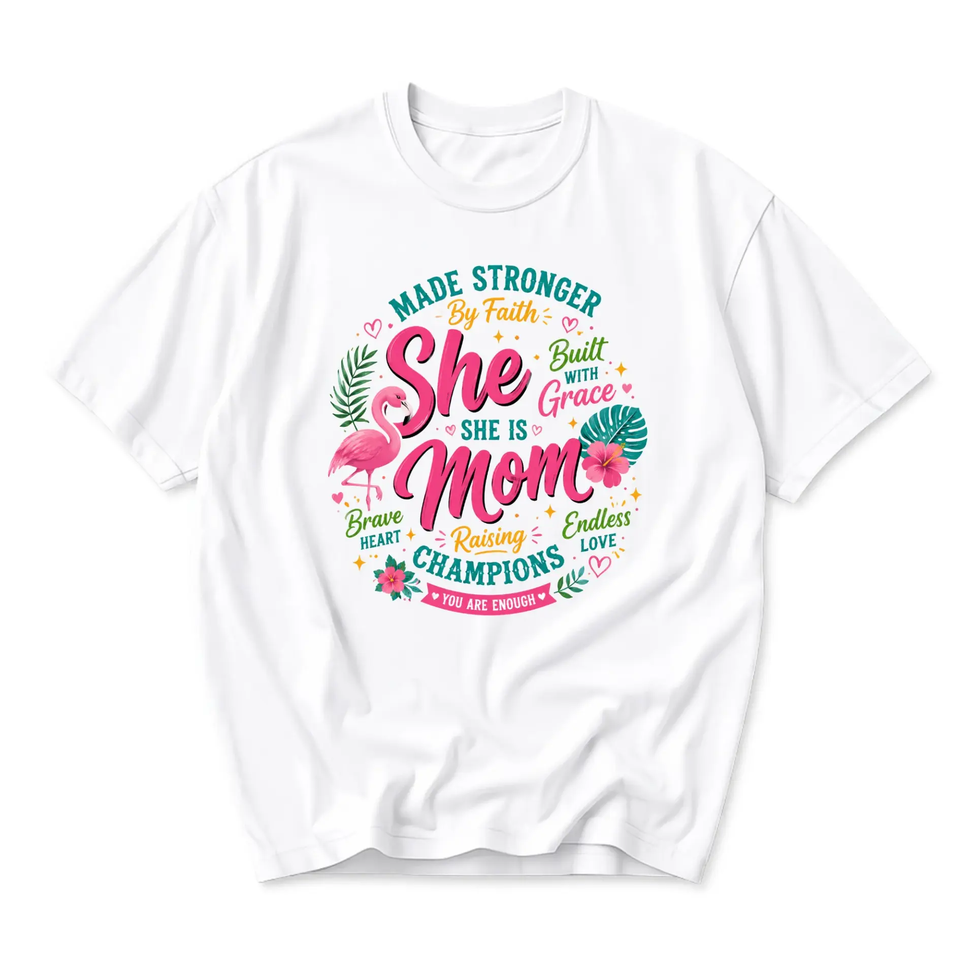 Graphic Tee Made Stronger by Faith She Is Mom Tropical Flamingo Print Unisex Crew Neck Casual Short Sleeve Shirt