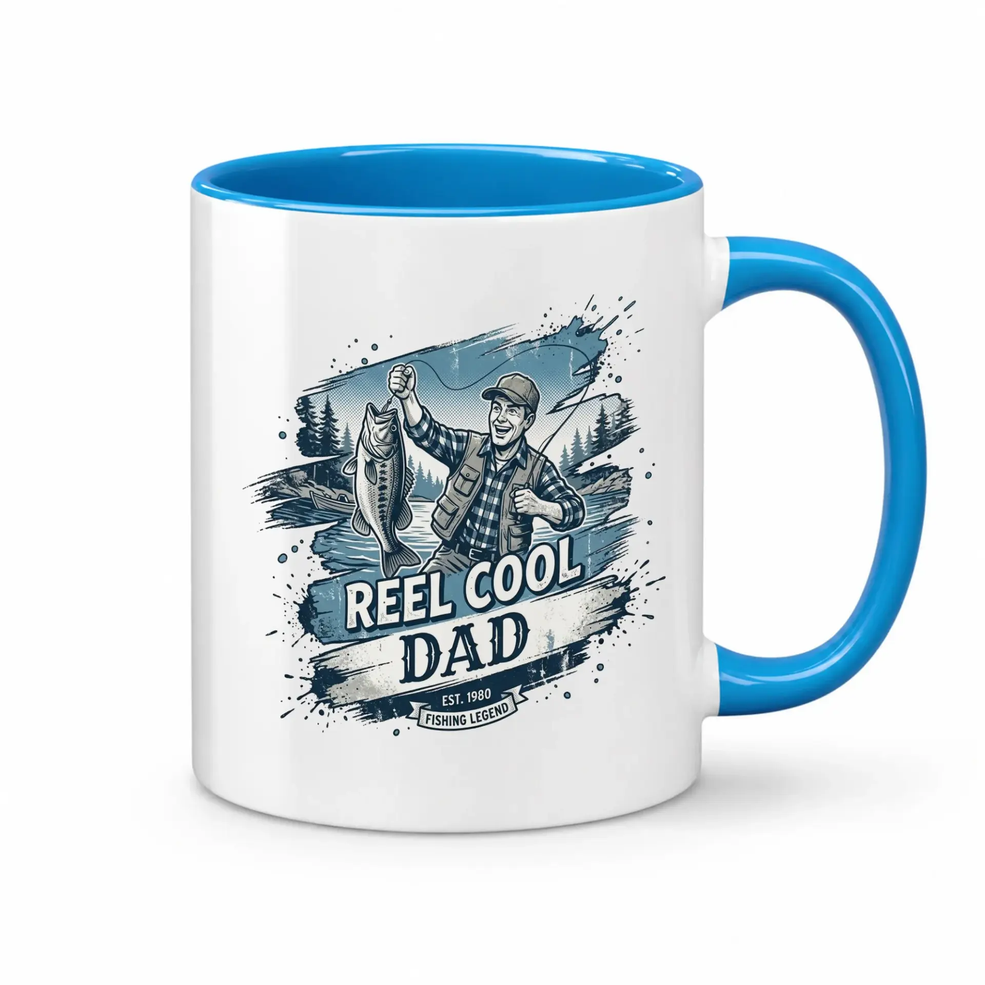 Funny Fishing Themed Ceramic Coffee Mug Featuring an Angler Graphic and Reel Cool Dad Text in Blue White Design