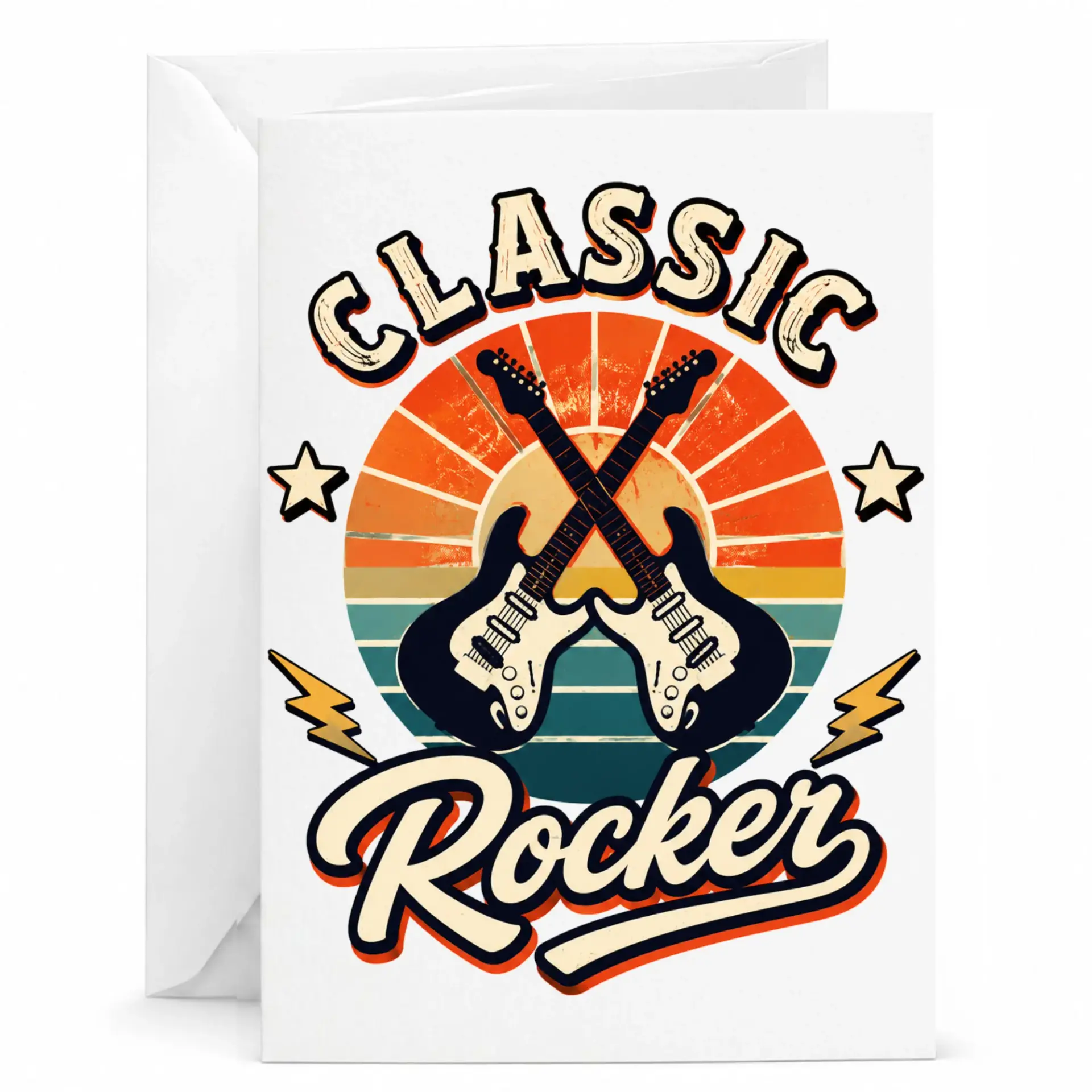 Greeting Card Classic Rocker Vintage Guitar Design for Music Lovers Folded Note with Matching White Envelope 5x7 Inches