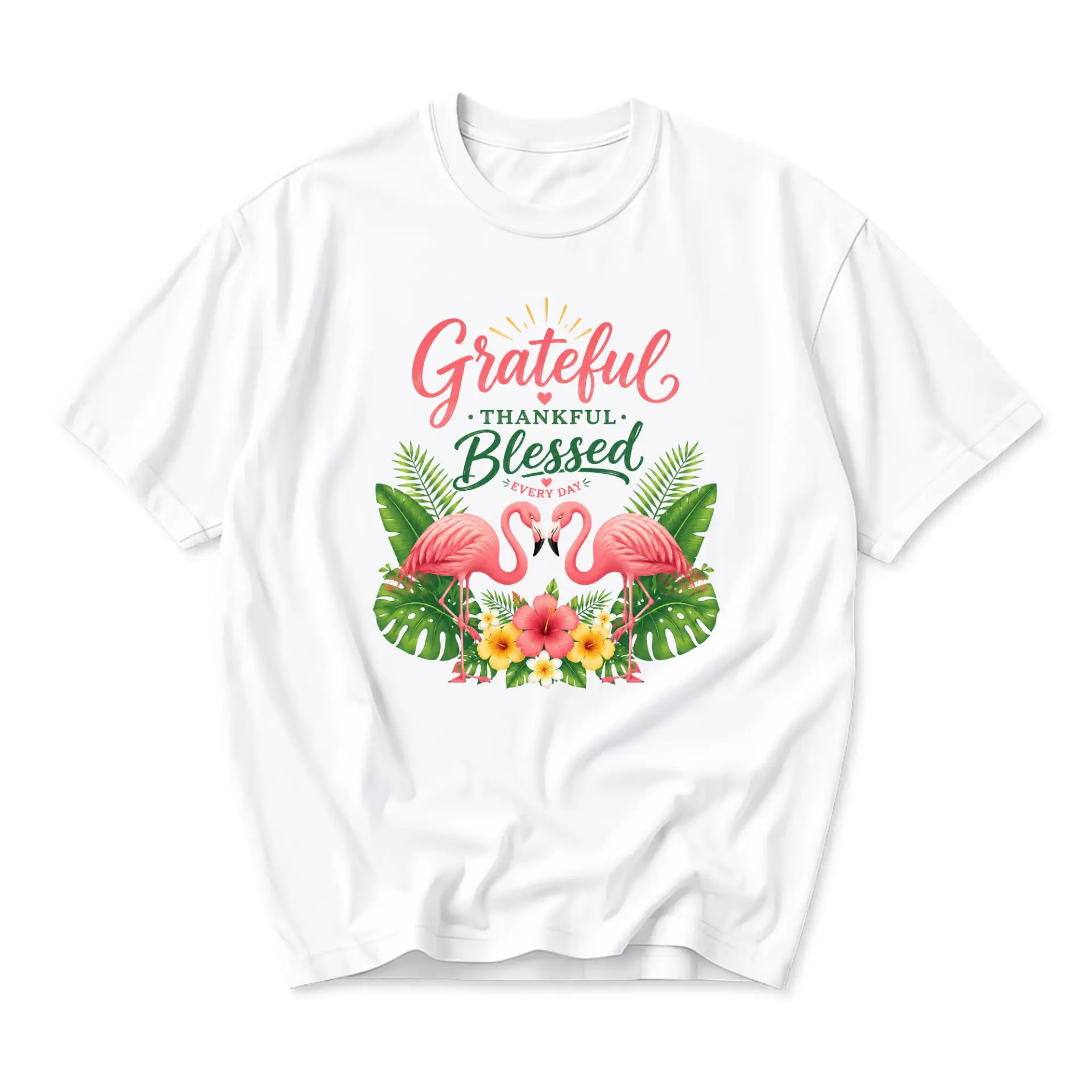 Graphic Tee Grateful Thankful Blessed Flamingo Tropical Floral Print Unisex Crew Neck Short Sleeve Casual Cotton Shirt