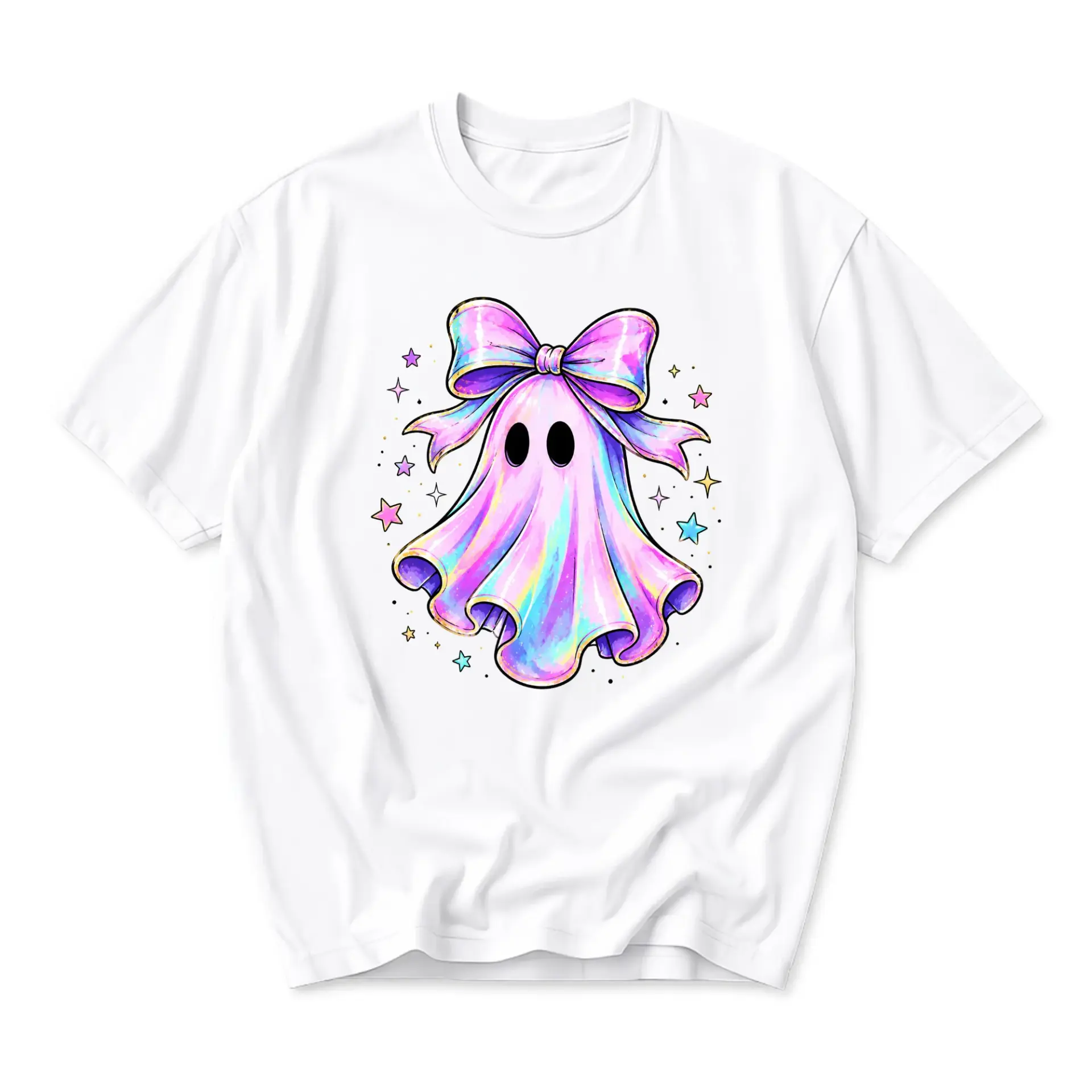 Graphic Tee Cute Pastel Ghost Wearing a Large Bow Design Unisex Crew Neck Soft Cotton Everyday Casual Summer Top