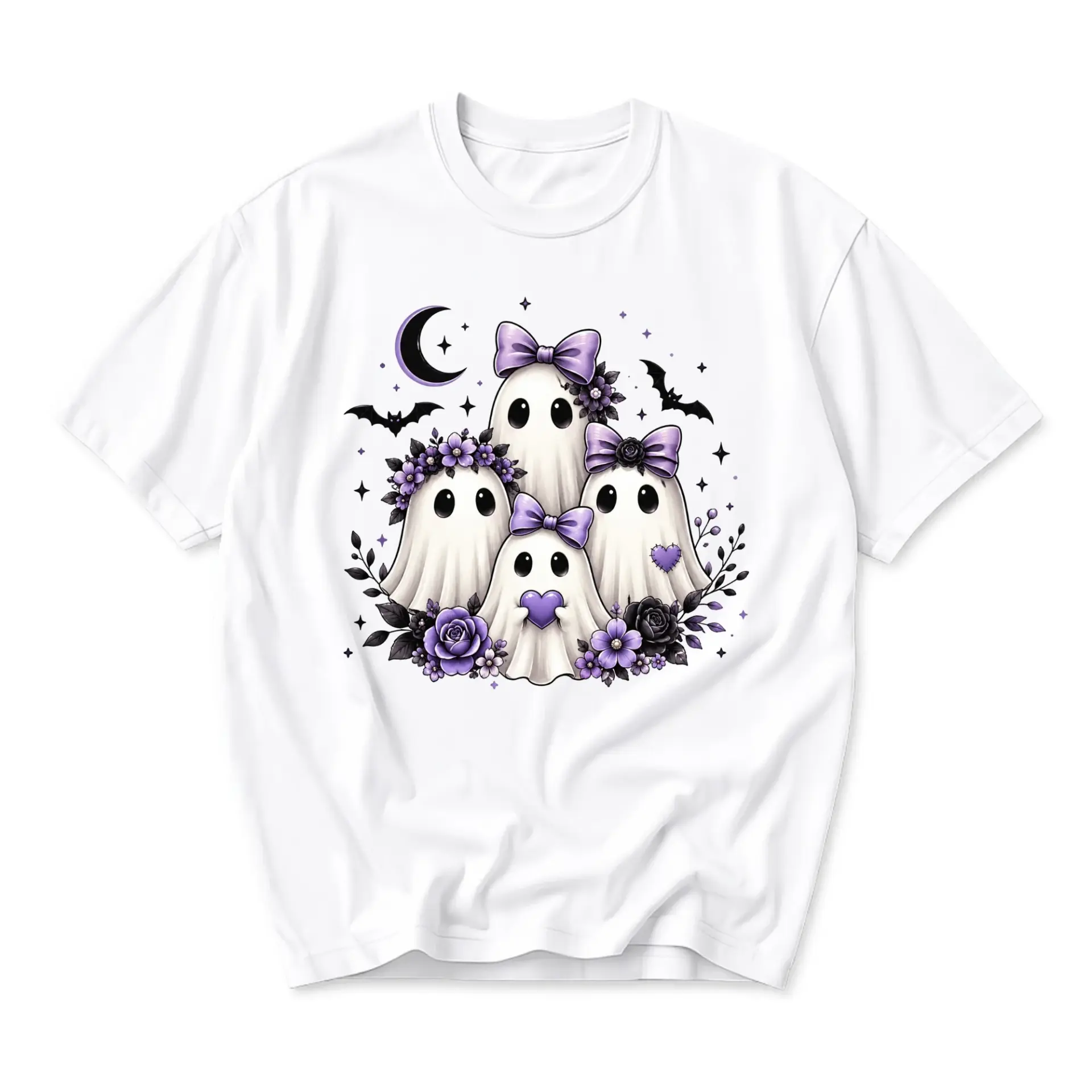 Graphic Tee Cute Spooky Ghost Floral Illustration Unisex Casual Crew Neck T-Shirt for Everyday Style and Comfort