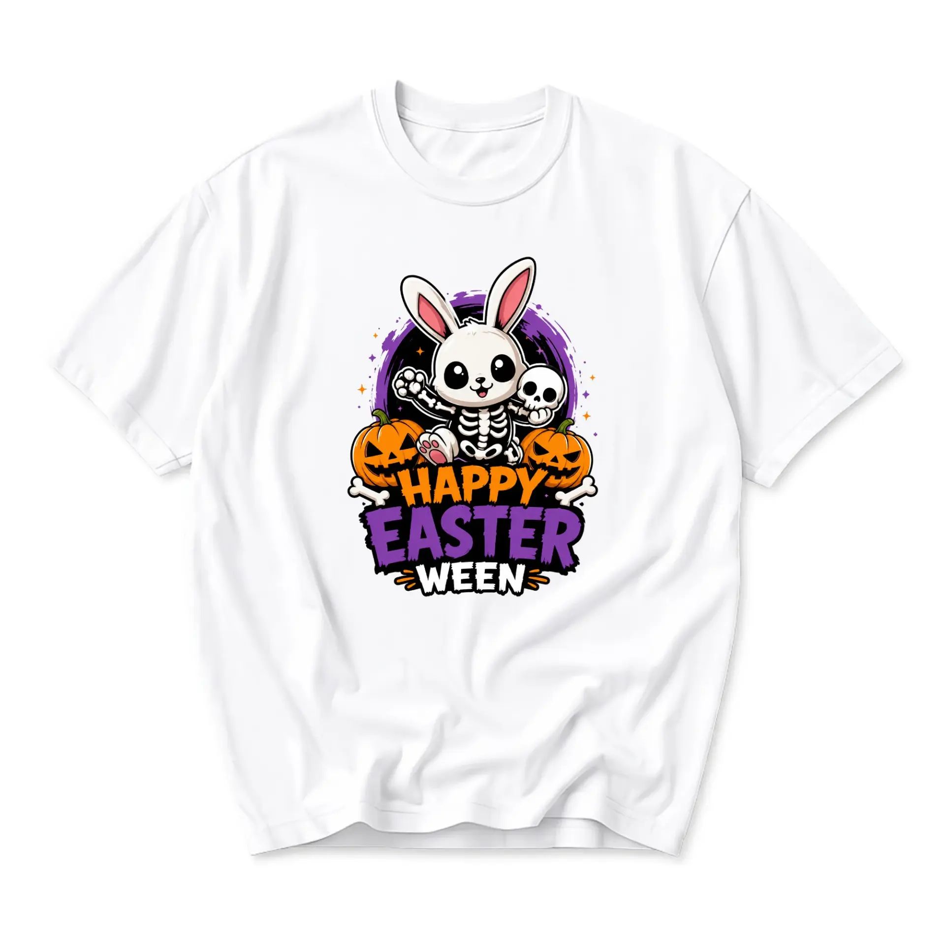 Funny Shirt Happy Easter Ween Skeleton Bunny Graphic Tee Unisex Casual Crew Neck Soft Cotton Blend Apparel White