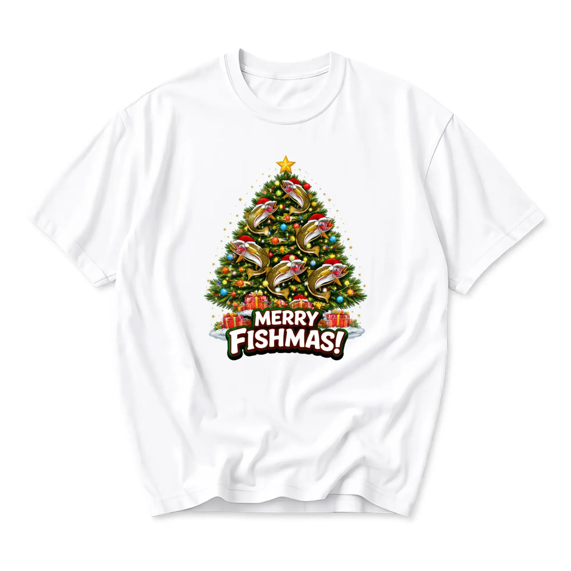 Funny Shirt Merry Fishmas Christmas Tree with Fish Graphic Unisex Crew Neck Short Sleeve Casual Cotton Blend Tee