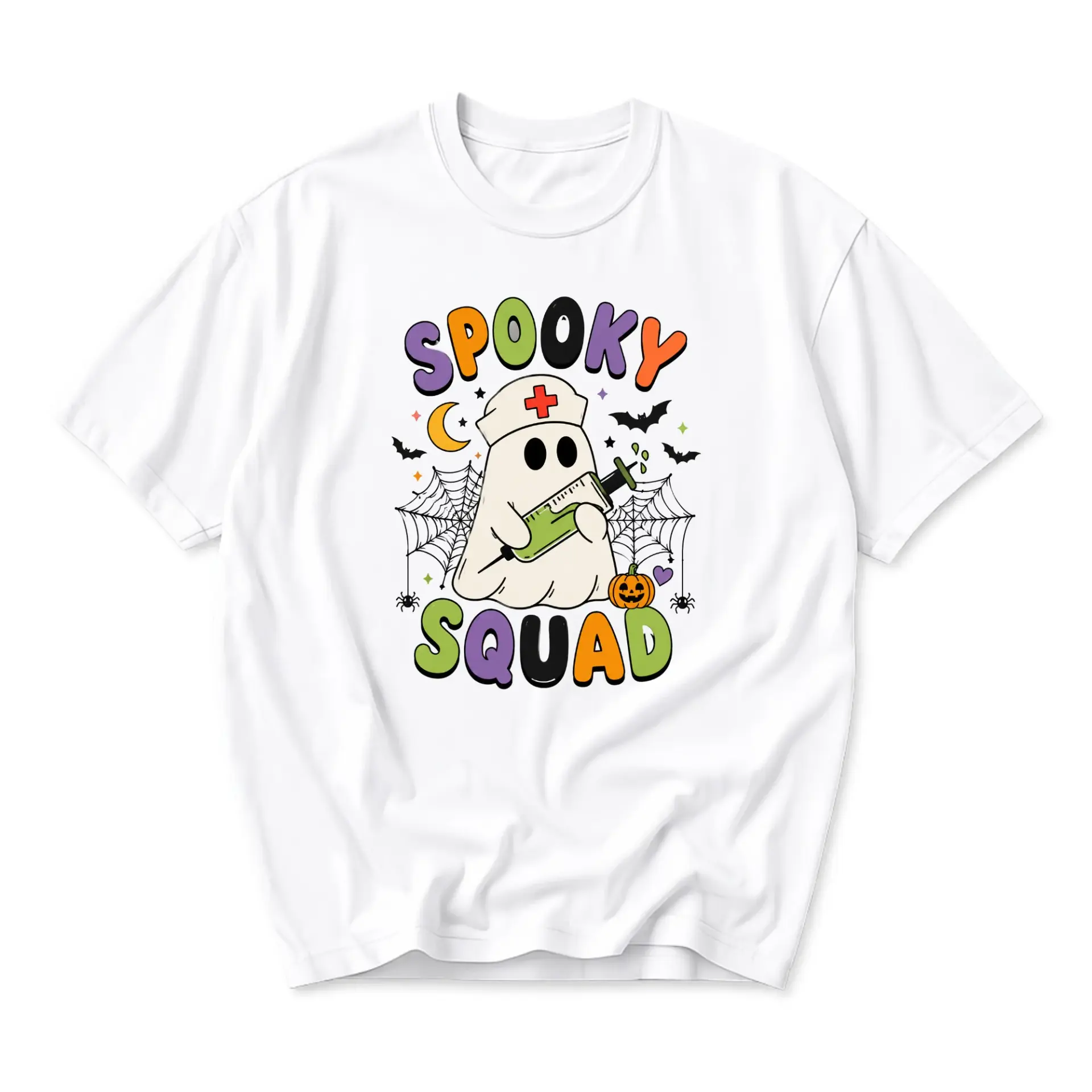 Funny Shirt Spooky Squad Ghost Nurse Graphic Tee Halloween Seasonal Apparel Casual Cotton Crew Neck Unisex Casual Top
