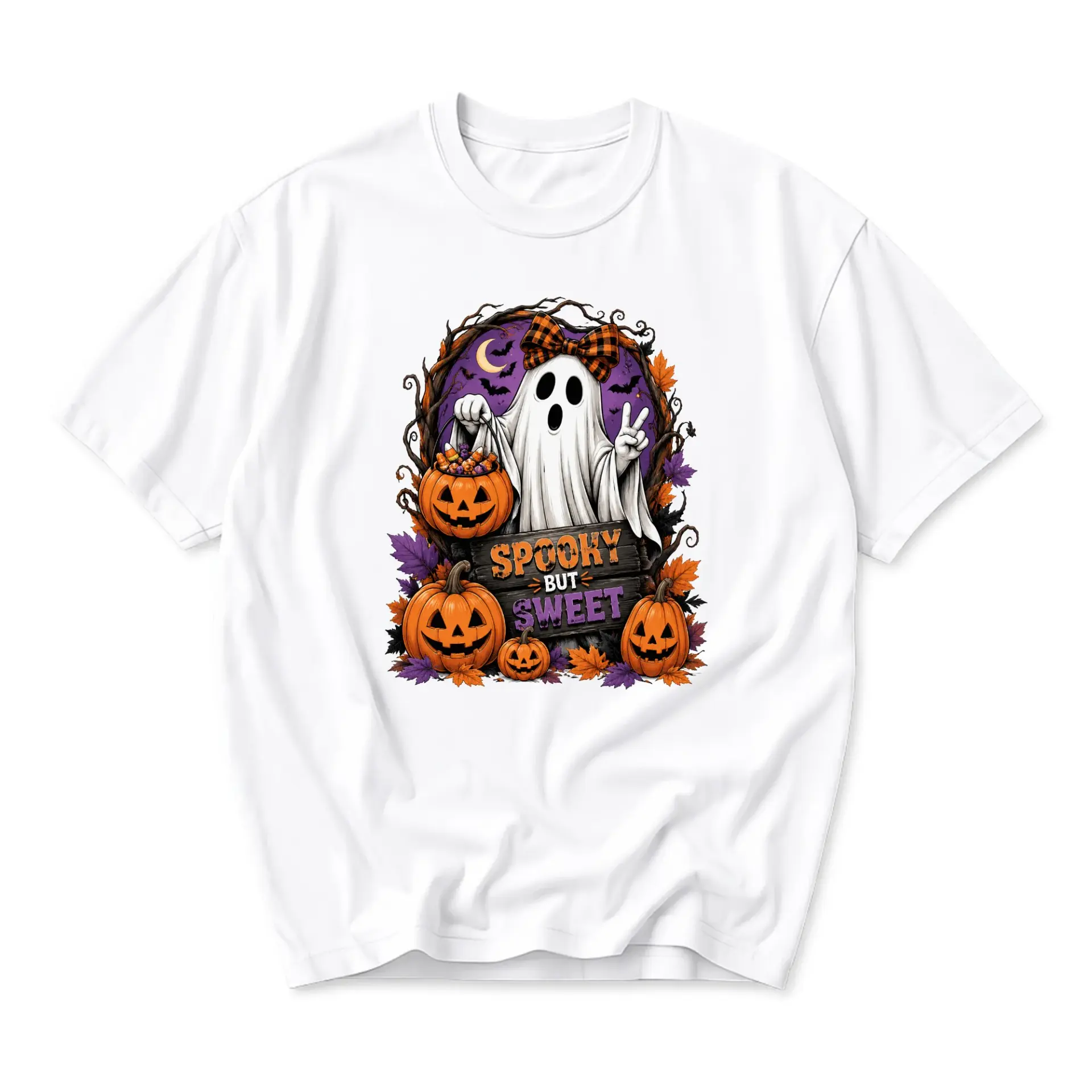 Funny Shirt Spooky but Sweet Ghost Graphic Tee Seasonal Autumn Halloween Apparel Unisex Casual Short Sleeve Crew Neck