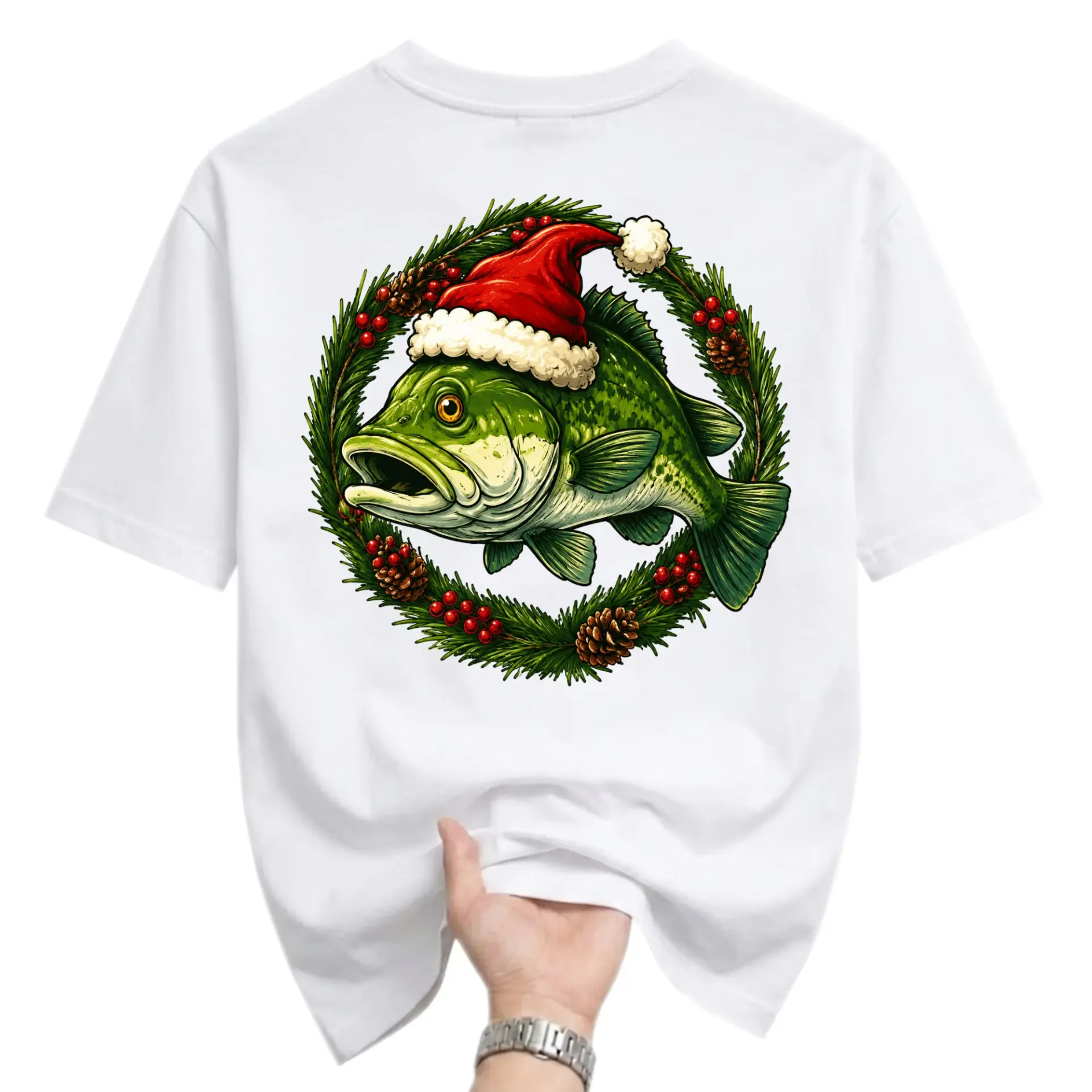 Graphic Tee Fish Wearing a Santa Hat in a Christmas Wreath Unisex Casual Short Sleeve Cotton Crew Neck Shirt