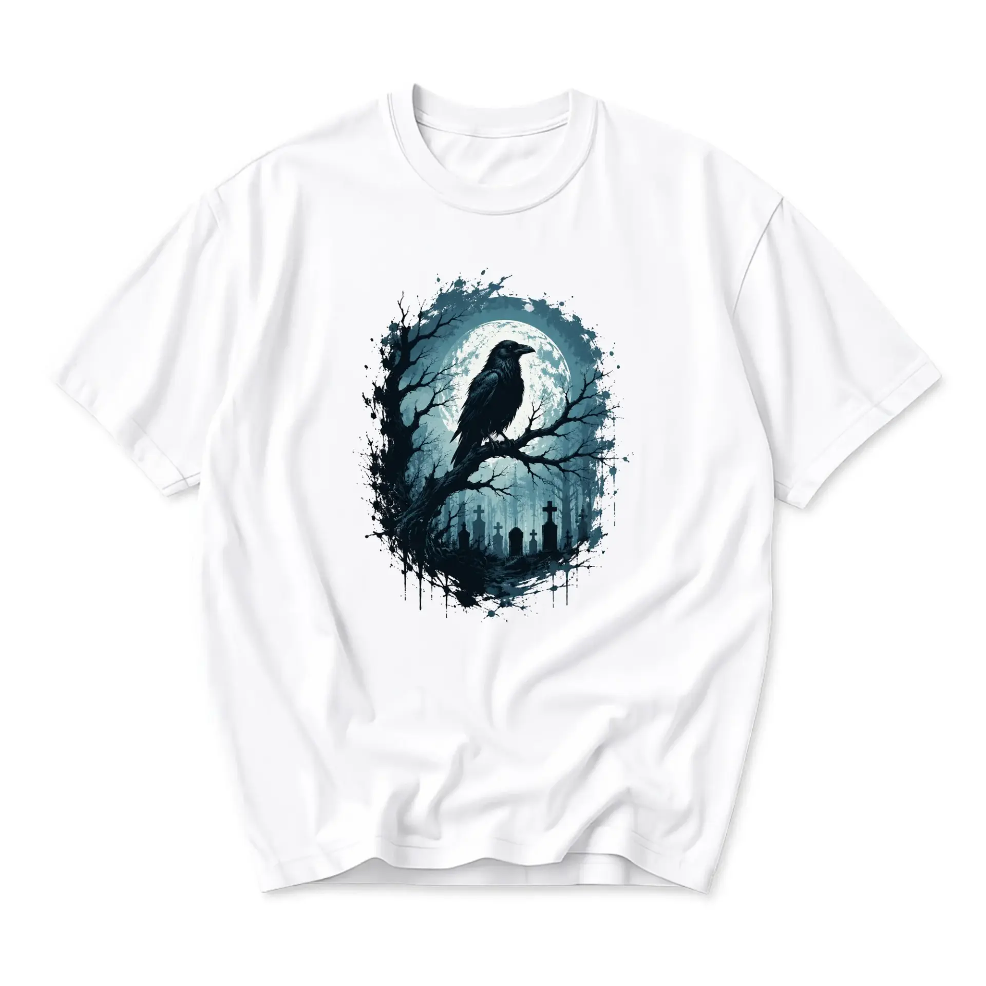Graphic Tee Raven Perched on Branch over Cemetery Full Moon Print Unisex Crew Neck Casual Everyday Cotton Shirt