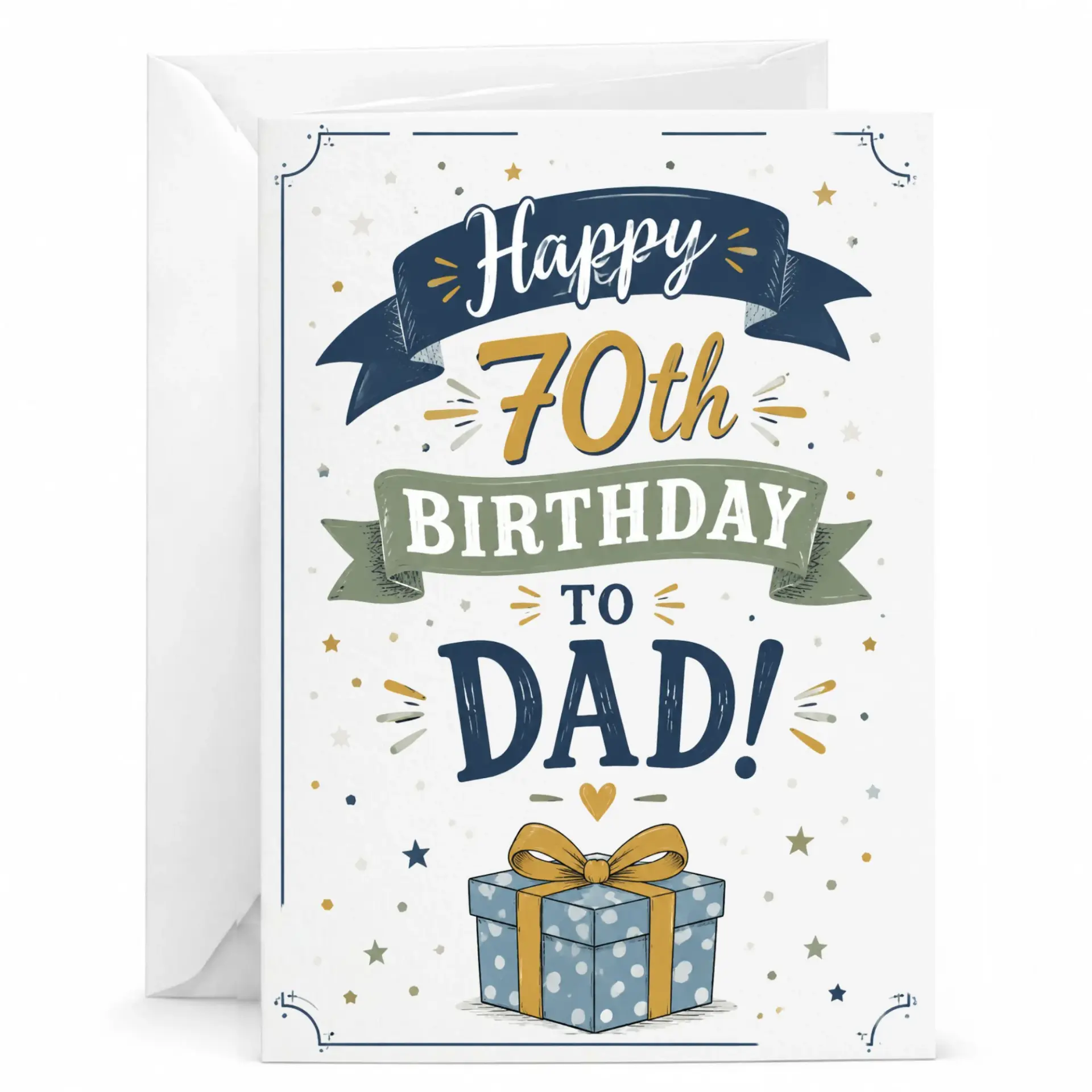 Birthday Card Happy 70th Birthday to Dad Elegant Illustrated Greeting Card with Envelope for Seventy Year Milestone