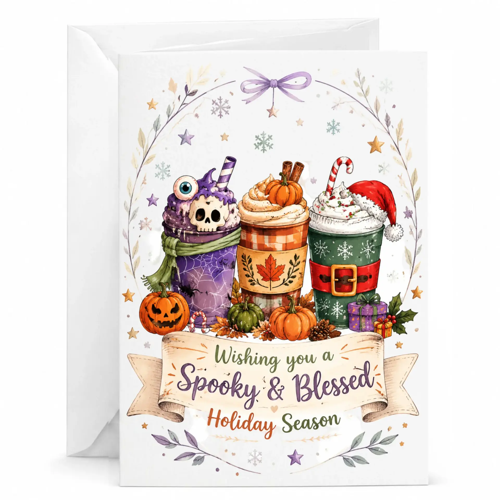 Greeting Card Wishing You a Spooky and Blessed Holiday Season, Festive Autumnal Coffee Cup Illustration Folded Card