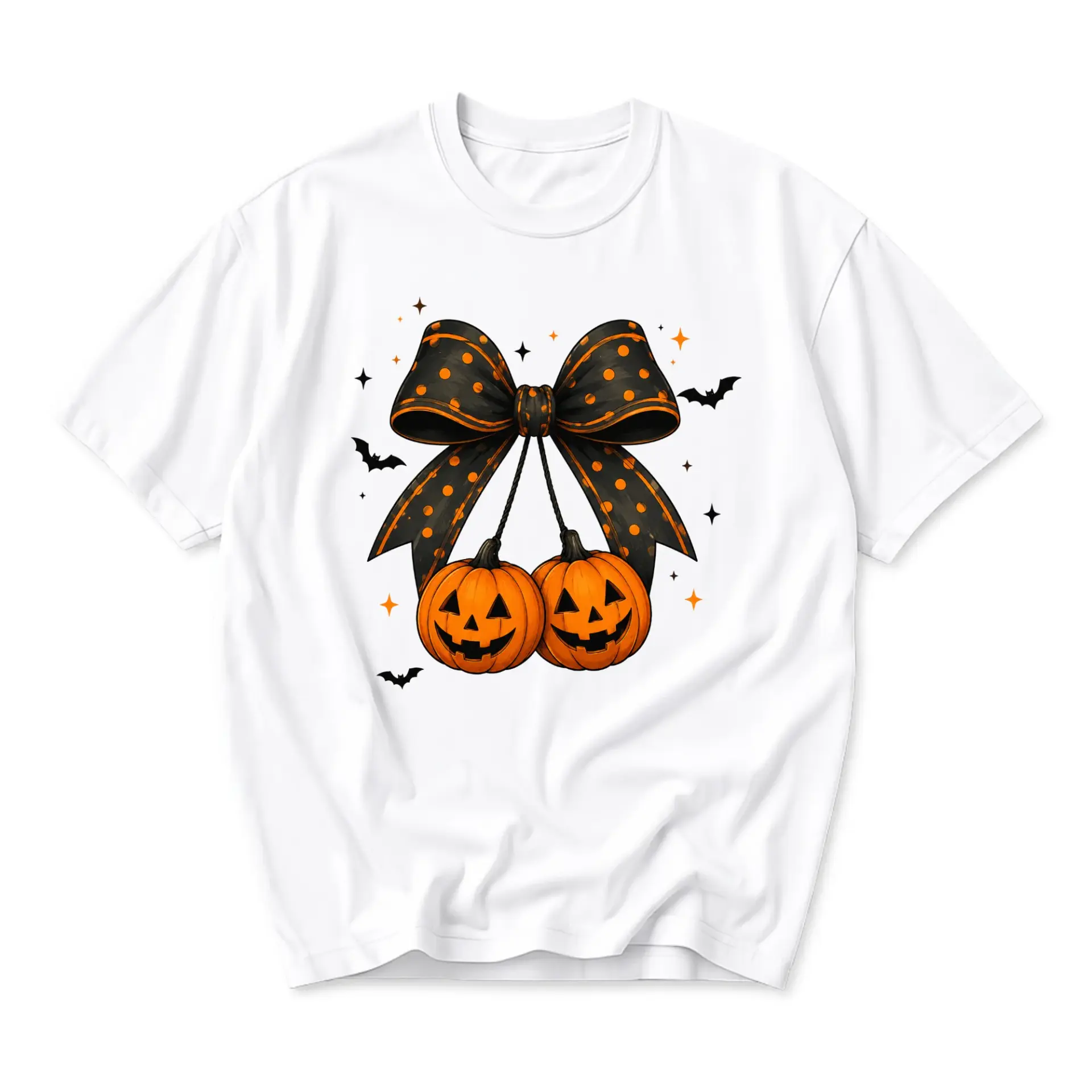 Graphic Tee Halloween Pumpkin Bow Shirt Unisex Casual Short Sleeve Cotton Blend Crew Neck Apparel Festive Top