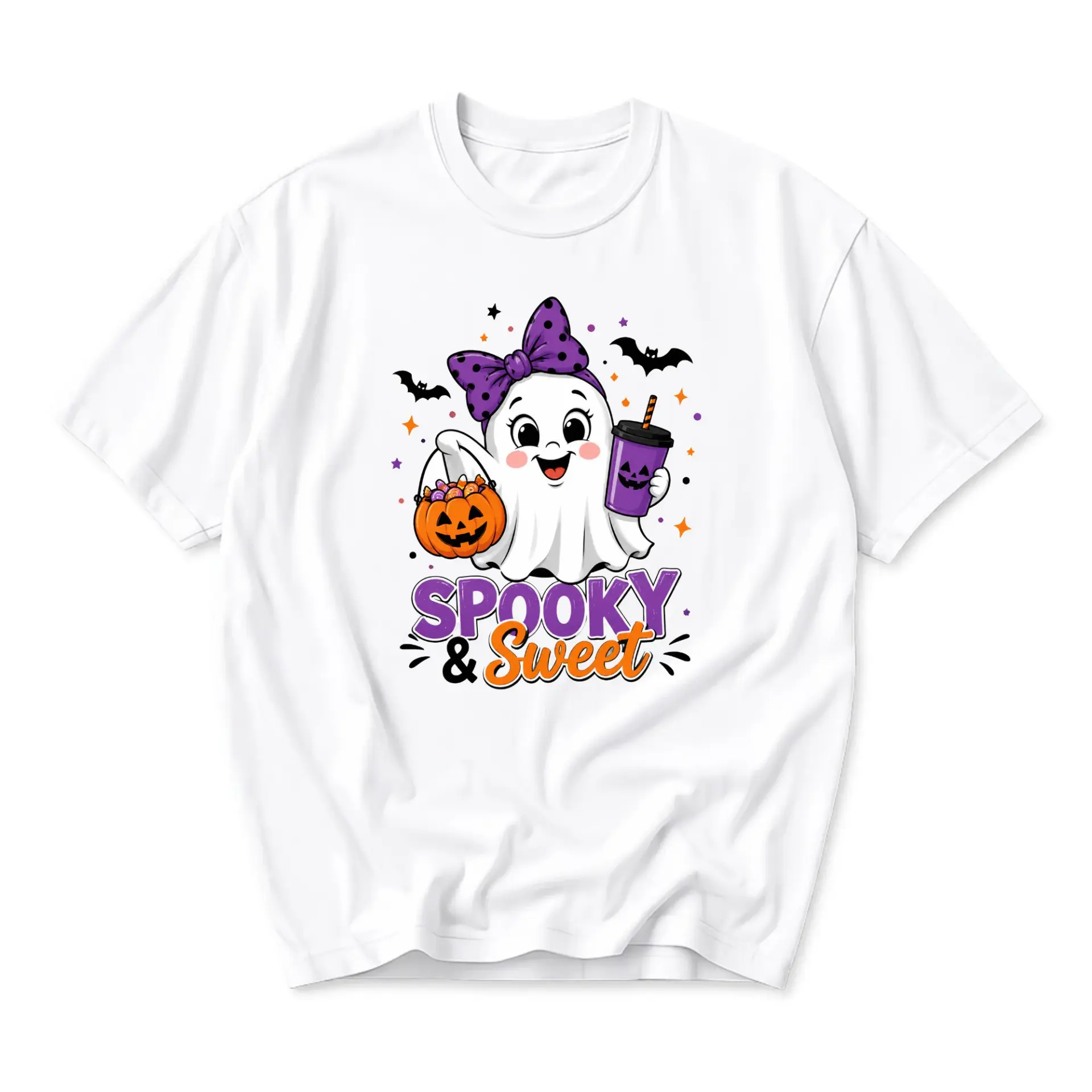 Graphic Tee Spooky and Sweet Ghost Print Unisex Crew Neck Shirt for Casual Everyday Halloween Seasonal Wear