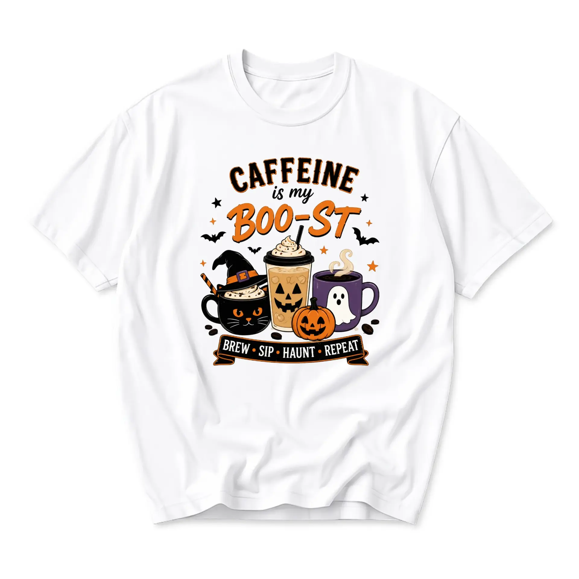 Funny Shirt Caffeine Is My Boo-St Graphic Tee Unisex Crew Neck Short Sleeve Casual Cotton Blend Holiday Apparel