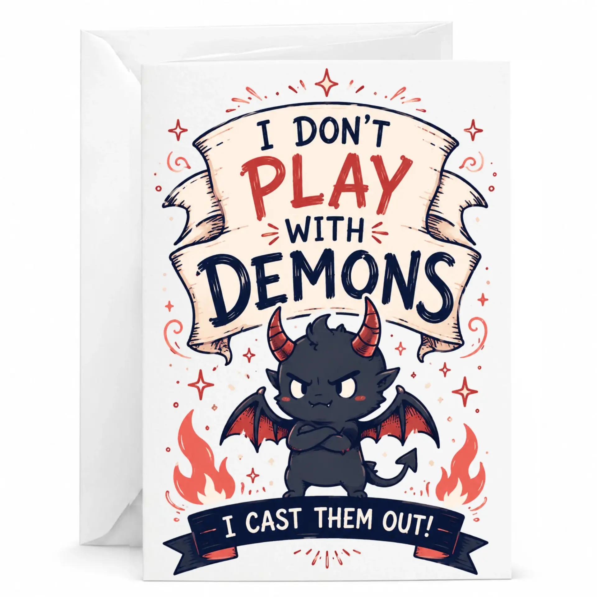 Funny Greeting Card I Dont Play with Demons Cute Devil Illustration Design Blank Inside Note for Friends