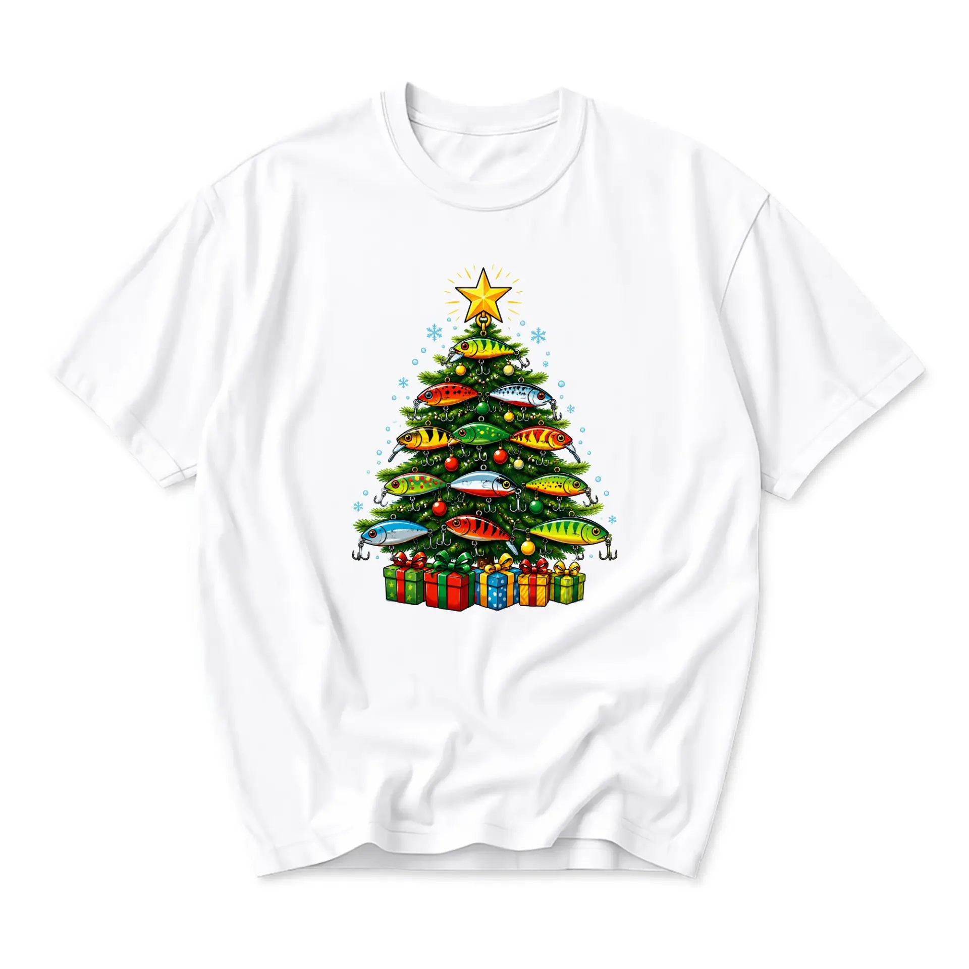 Funny Shirt Christmas Tree Made of Fishing Lures Graphic Tee Unisex Short