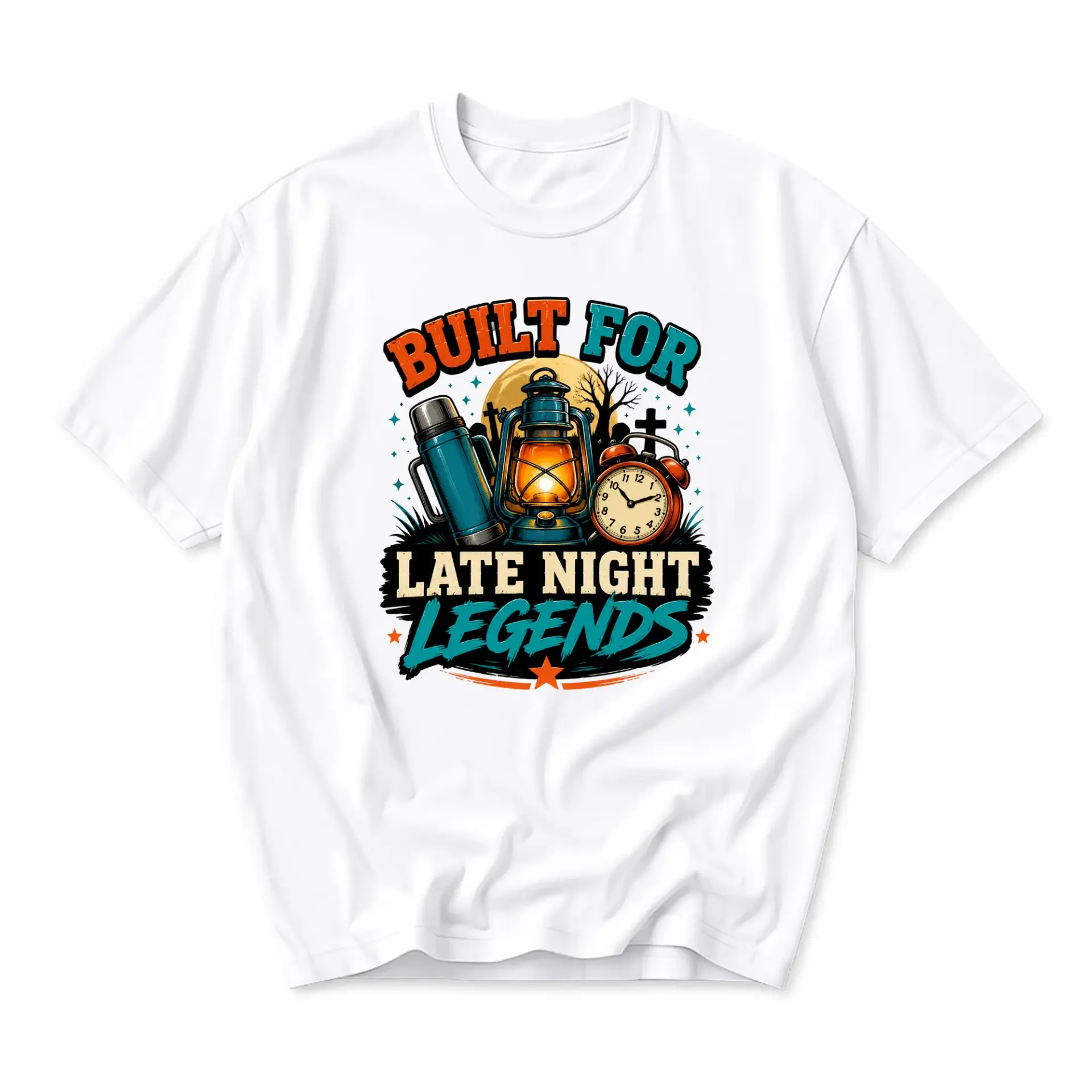 Funny Shirt Built for Late Night Legends Graphic Tee Vintage Style Outdoors Adventure Camping Unisex Crew Neck Top