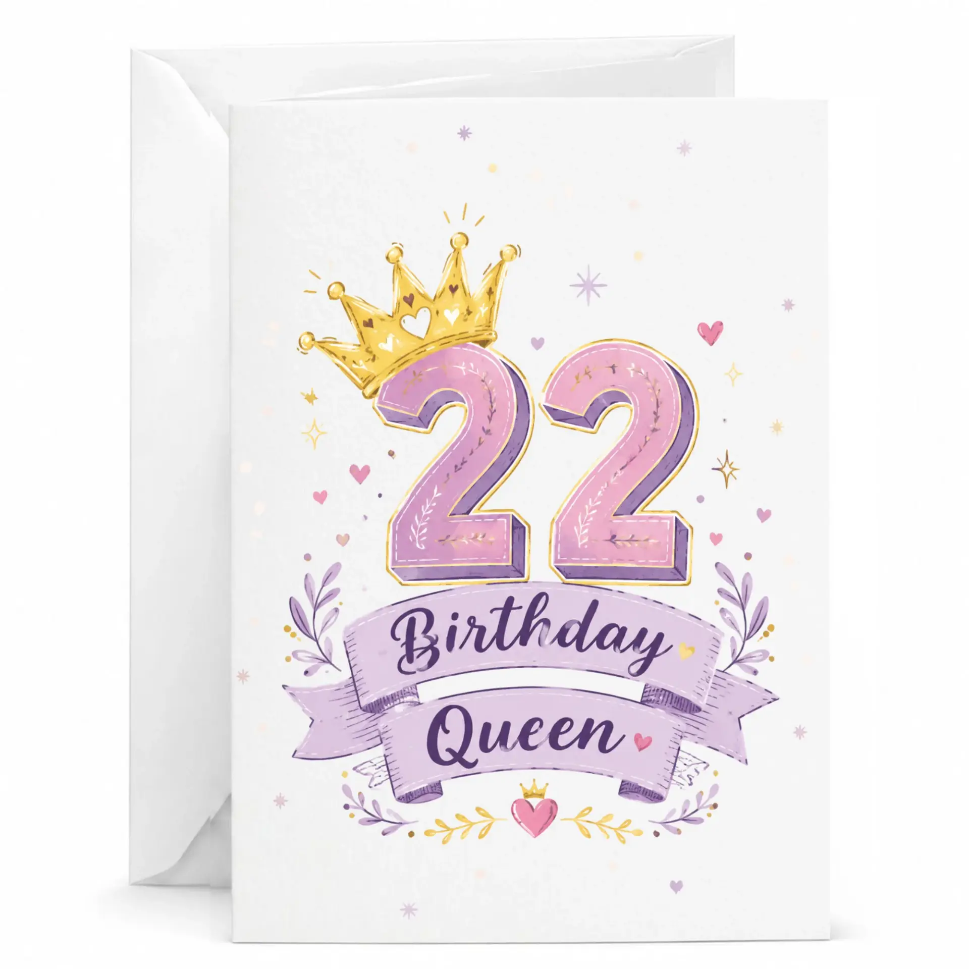Birthday Card 22nd Birthday Queen Greeting Card with Crown Illustration for Her Milestone Celebration and Party