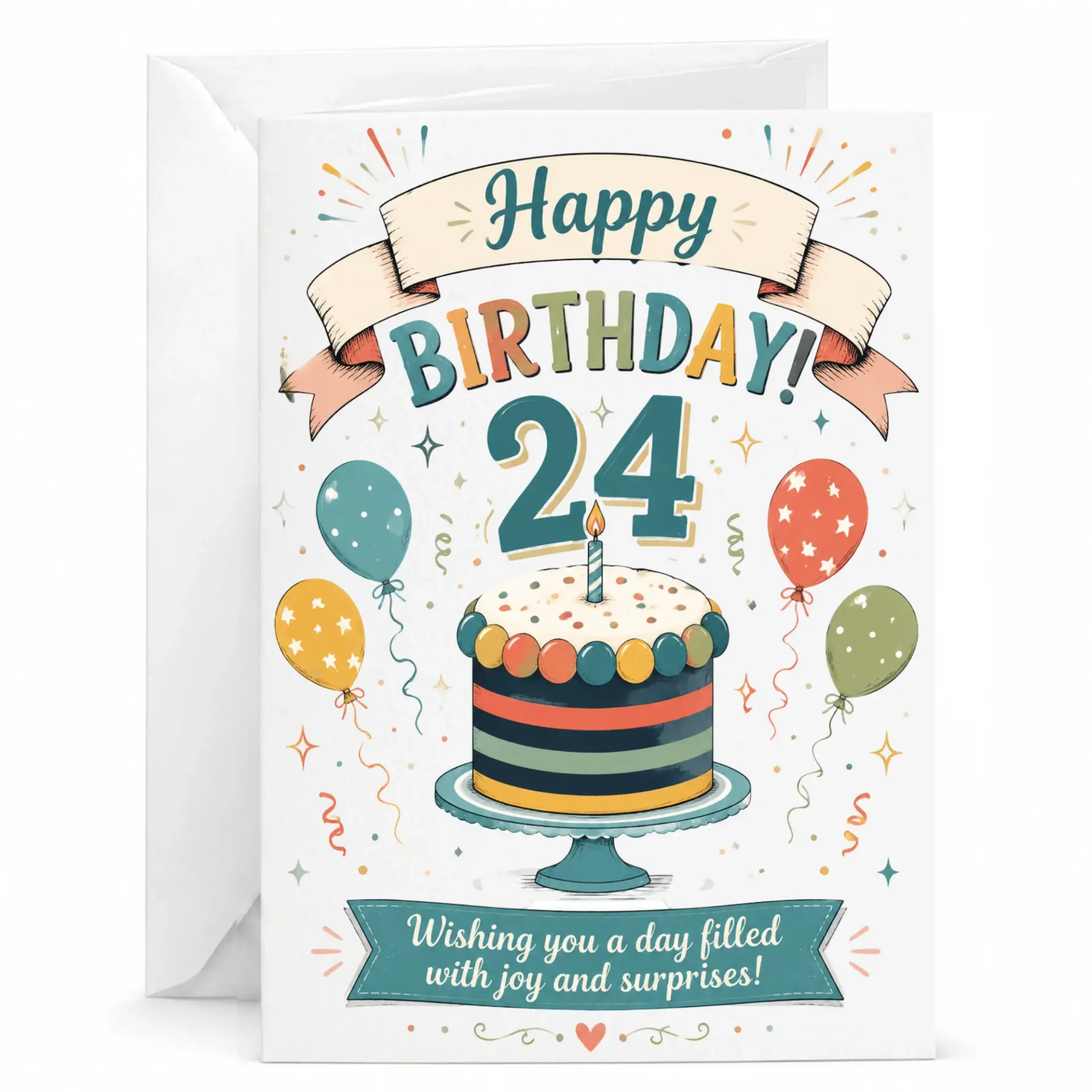 Birthday Card for 24th Birthday Celebration Featuring Fun Colorful Cake Design with Balloons and Festive Ribbon