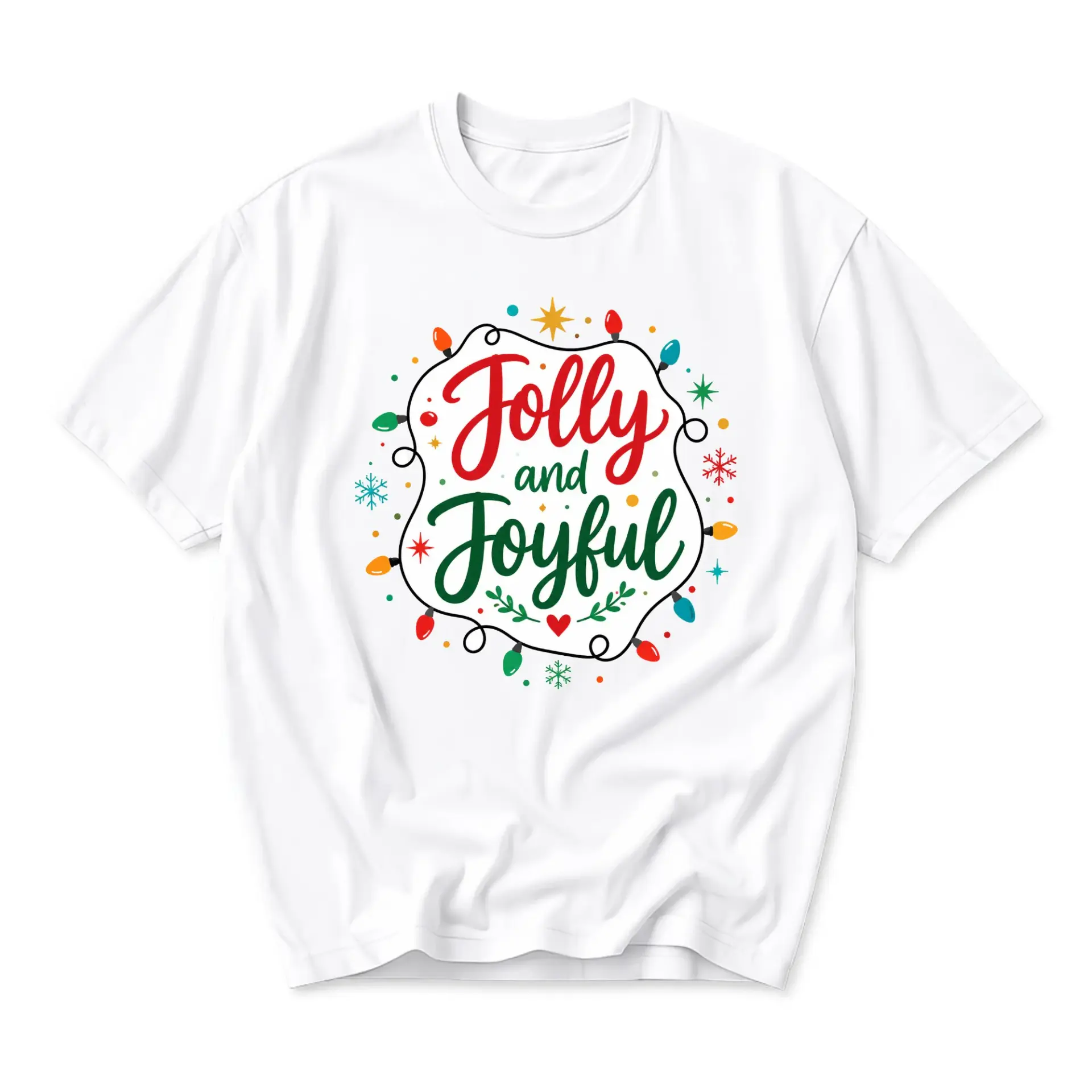 Graphic Tee Jolly and Joyful Holiday Quote Shirt Unisex Christmas Winter Season Casual Crew Neck Cotton Apparel Top