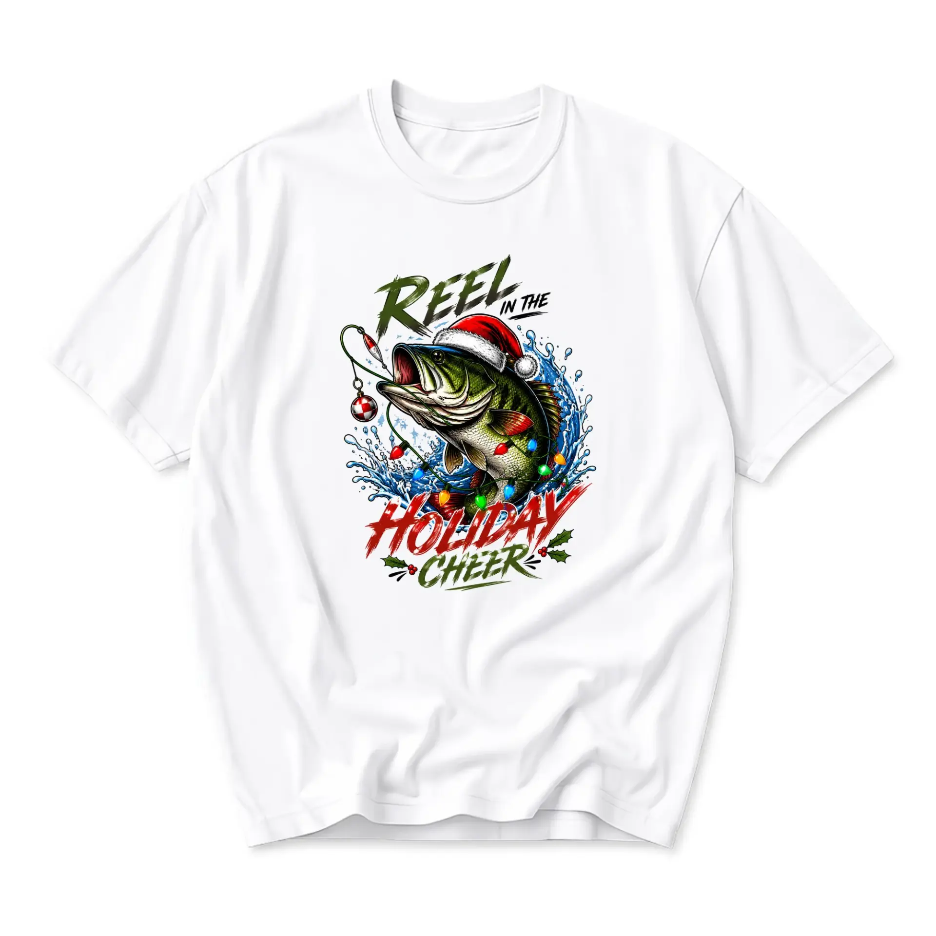 Funny Shirt Reel in the Holiday Cheer Fishing Graphic Tee Seasonal Fish Crew Neck Unisex Casual Top White
